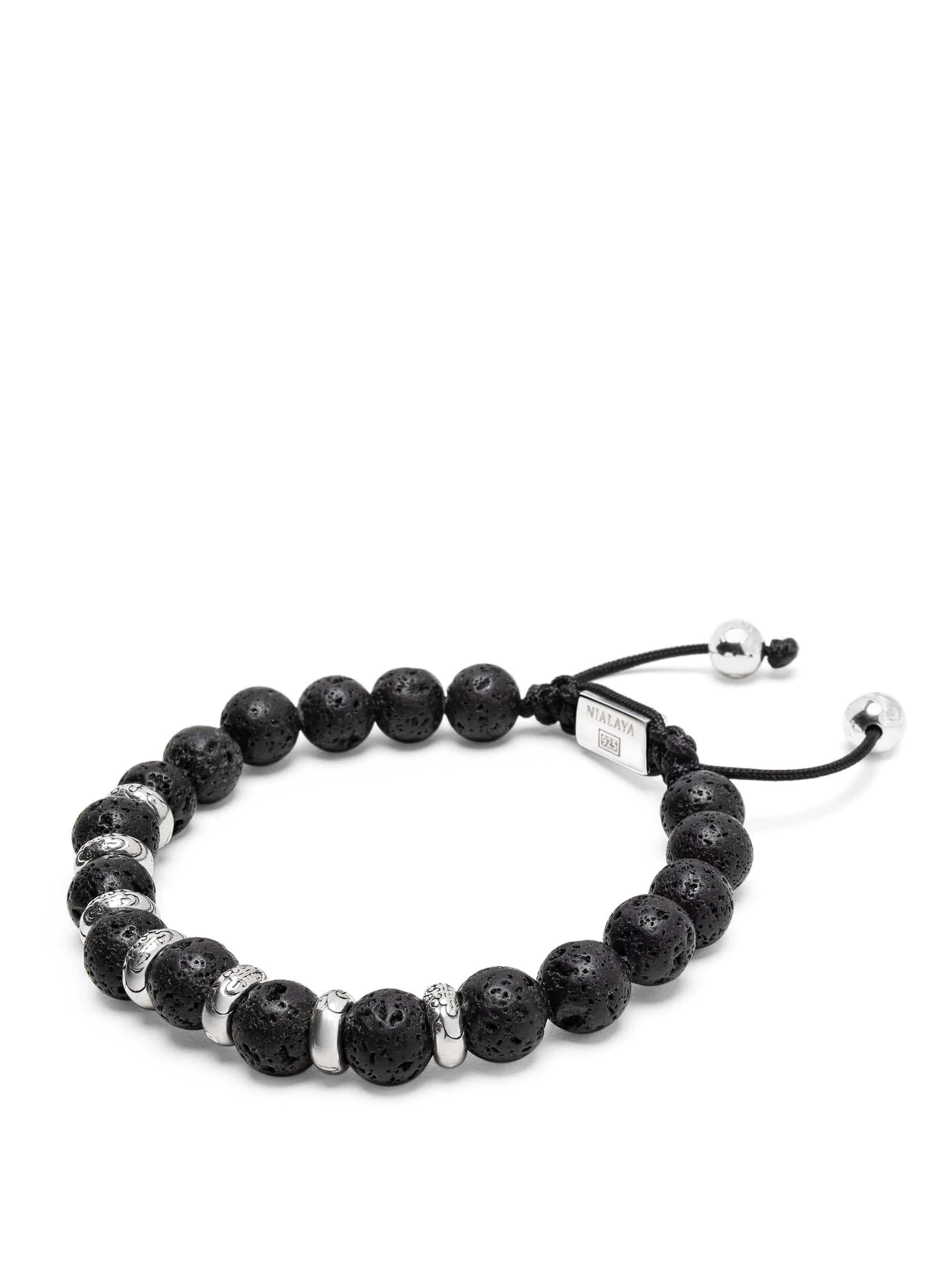 Nialaya Men's Beaded Bracelet Men's Sterling Silver Beaded Bracelet with Lava Stone Men's Sterling Silver Beaded Bracelet with Lava Stone
