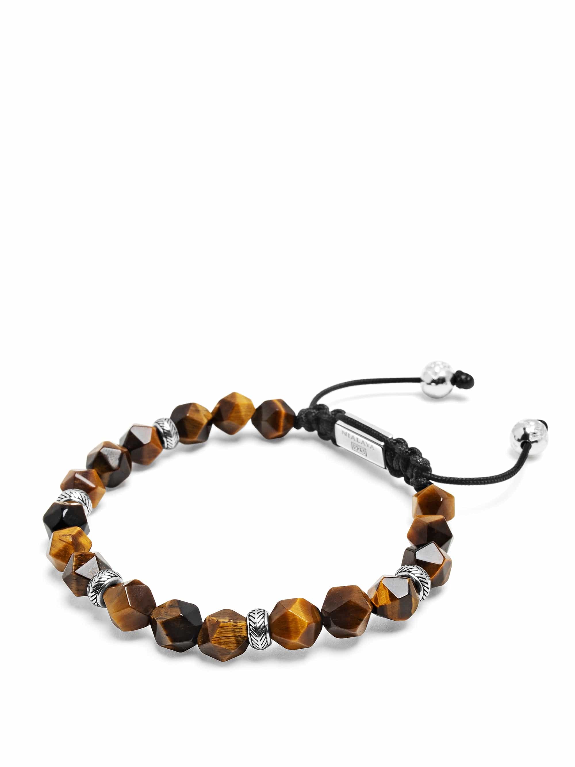 Nialaya Men's Beaded Bracelet Men's Sterling Silver Faceted Beaded Bracelet with Brown Tiger Eye Men's Sterling Silver Faceted Beaded Bracelet with Brown Tiger Eye