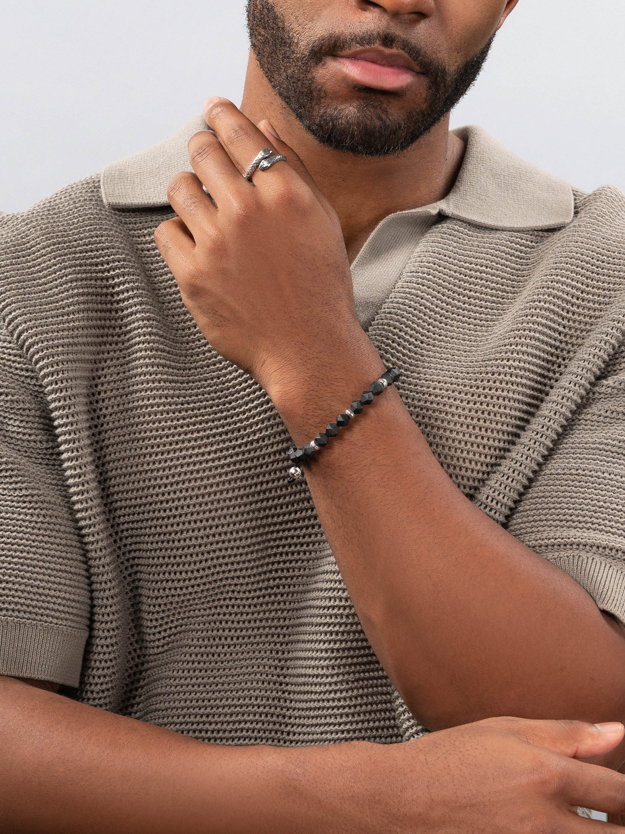 Nialaya Men's Beaded Bracelet Men's Sterling Silver Faceted Beaded Bracelet with Matte Black Onyx Men's Sterling Silver Faceted Beaded Bracelet with Matte Black Onyx