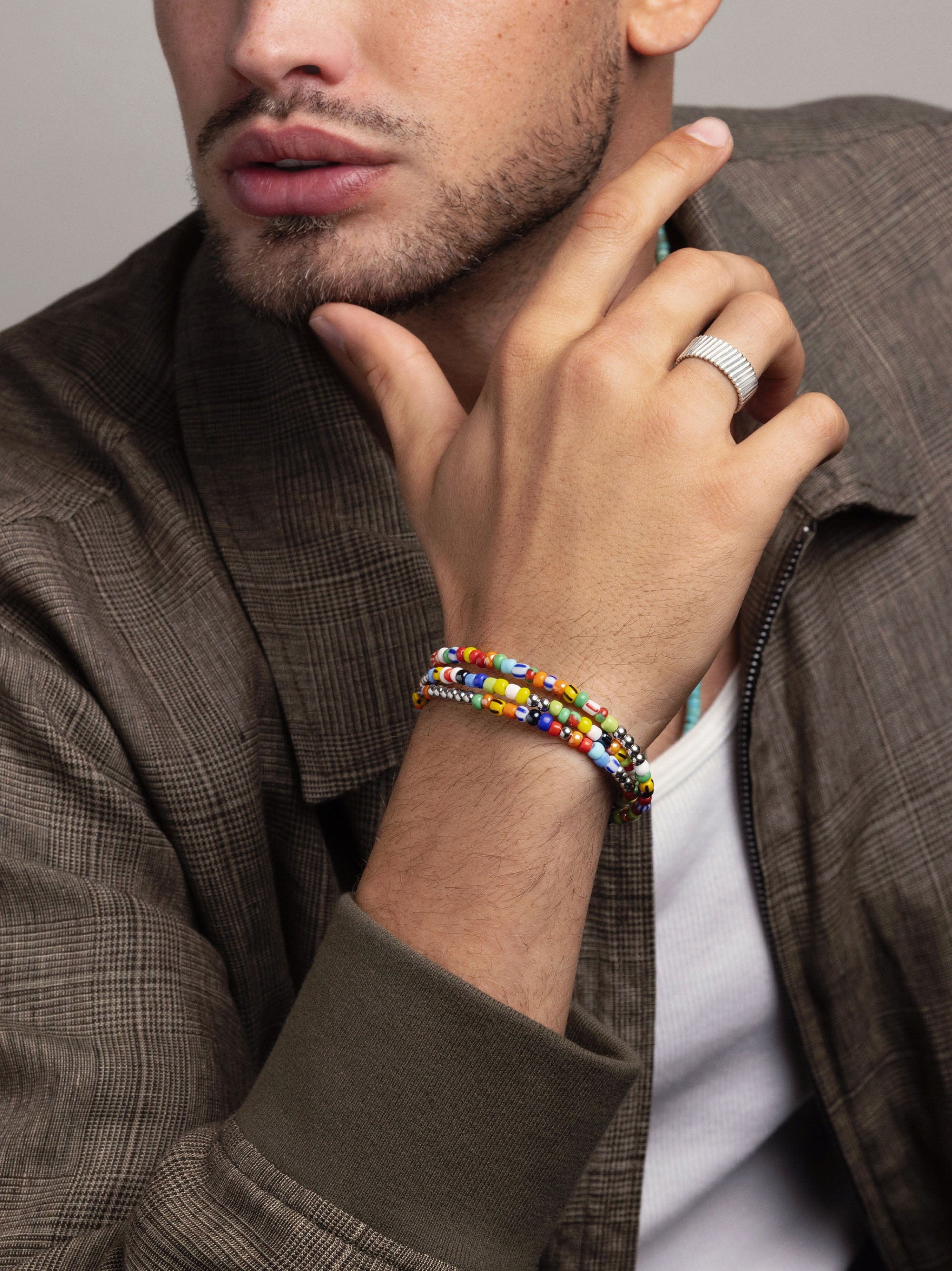 Nialaya Men's Beaded Bracelet Men's Wrap Bracelet with Assorted Vintage Trifocal Beads and Silver