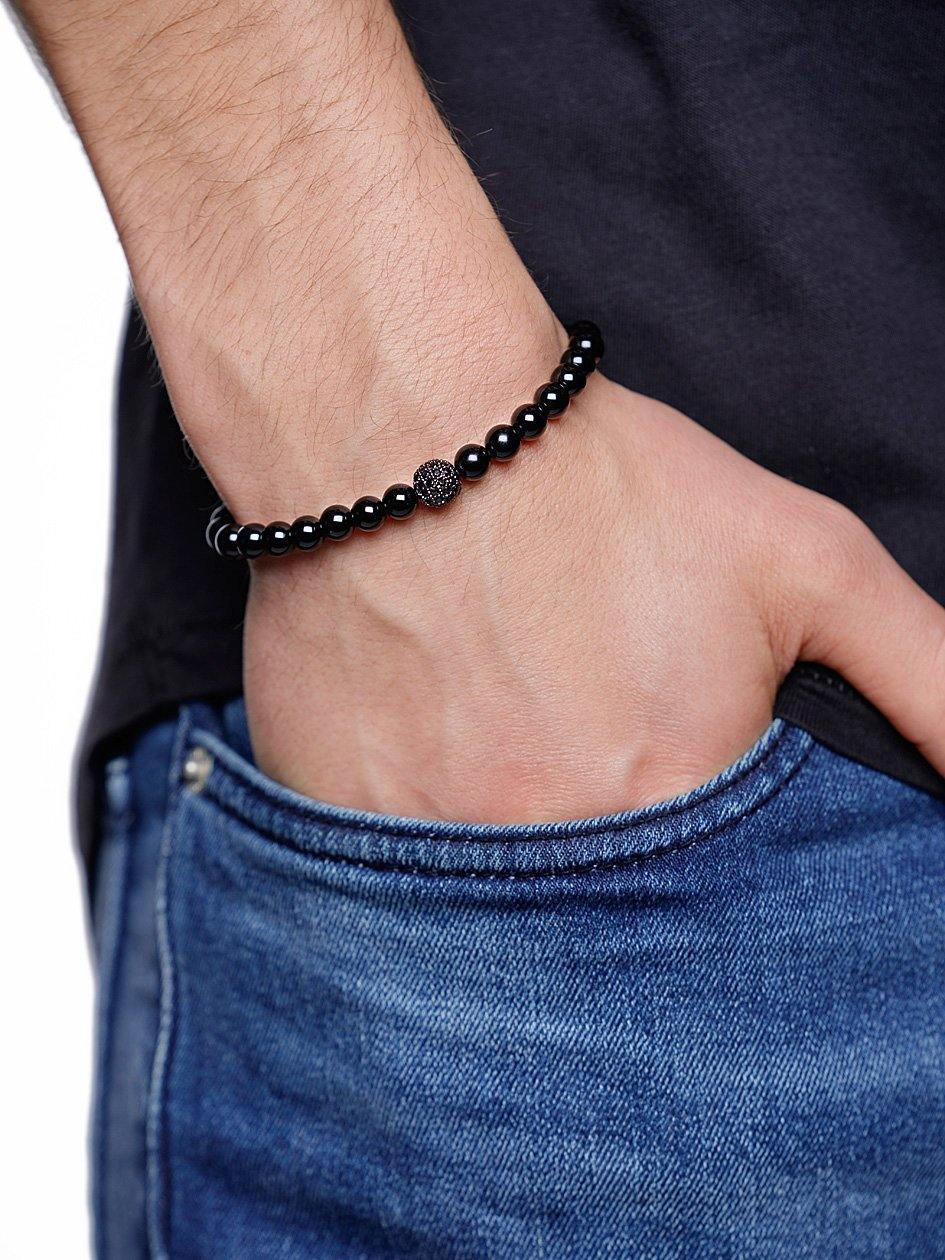 Nialaya Men's Beaded Bracelet Men's Wristband with Agate and Black CZ Diamond M (17cm / 6.7”) MCHCO_028