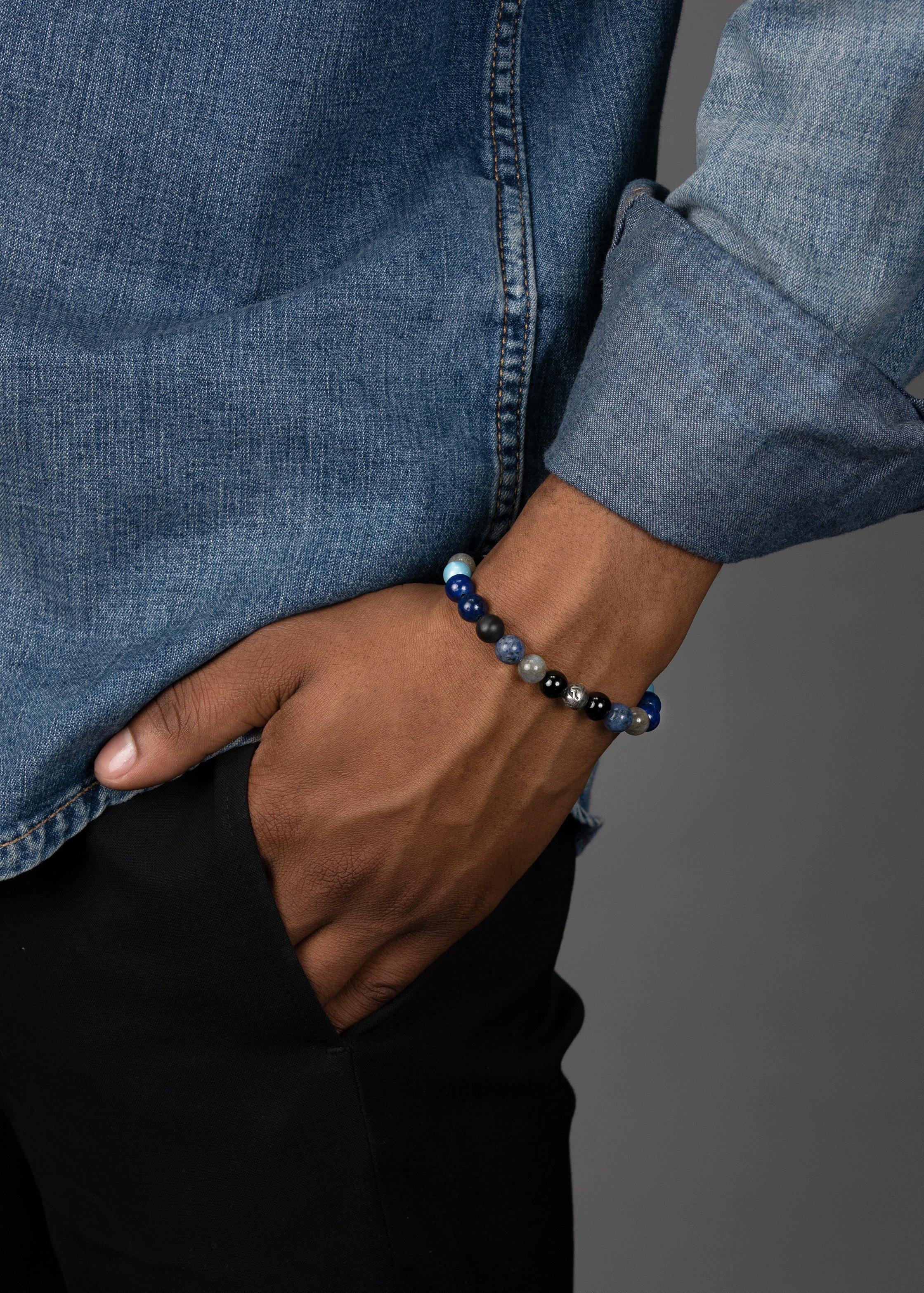 Nialaya Men's Beaded Bracelet Men's Wristband with Blue Lapis, Turquoise, Dumortierite, Agate, Labradorite, Hematite and Silver M (17cm / 6.7”) MCHCO_603