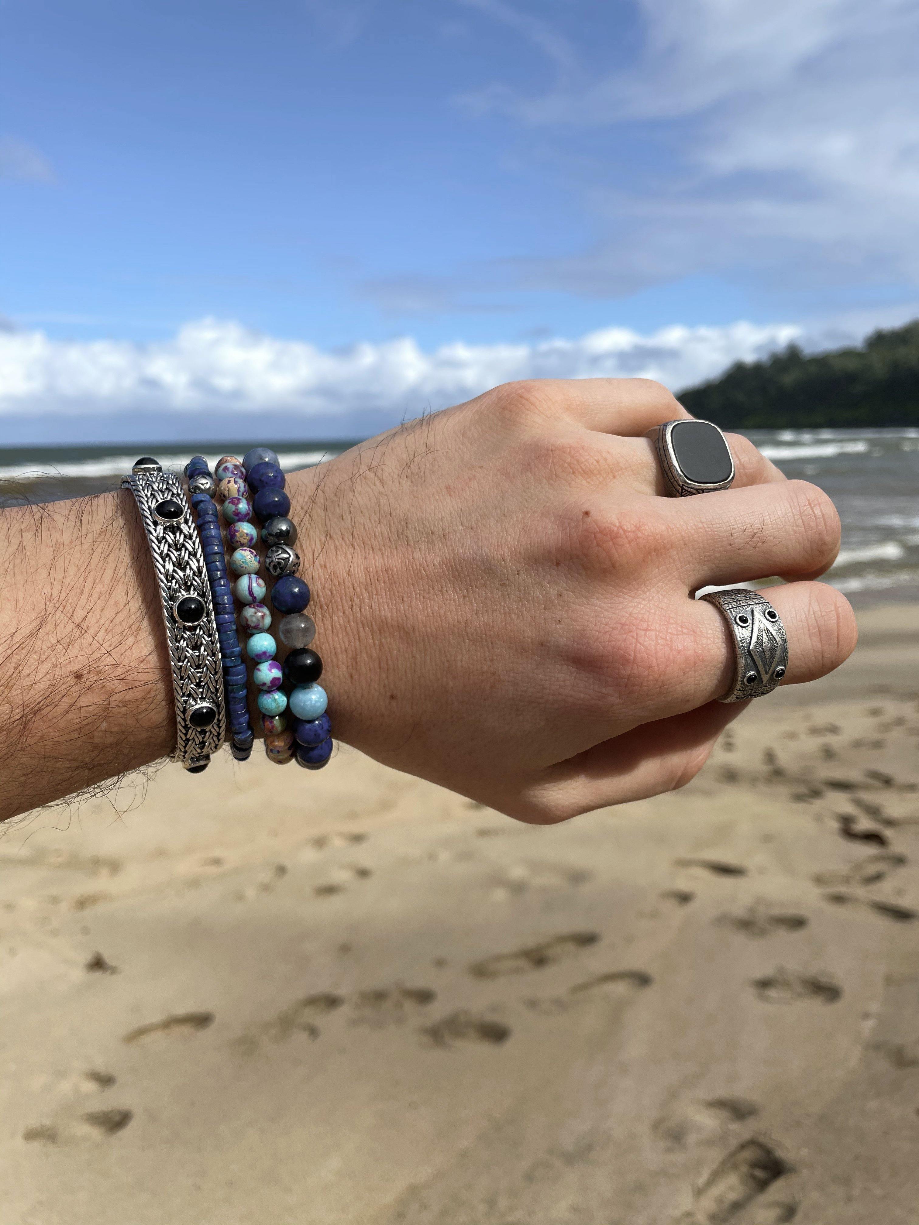 Nialaya Men's Beaded Bracelet Men's Wristband with Blue Lapis, Turquoise, Dumortierite, Agate, Labradorite, Hematite and Silver M (17cm / 6.7”) MCHCO_603