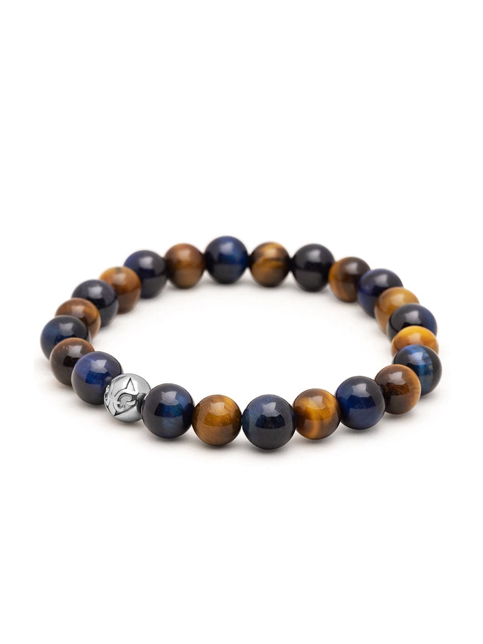 Nialaya Men's Beaded Bracelet Men's Wristband with Blue Tiger Eye, Brown Tiger Eye and Silver