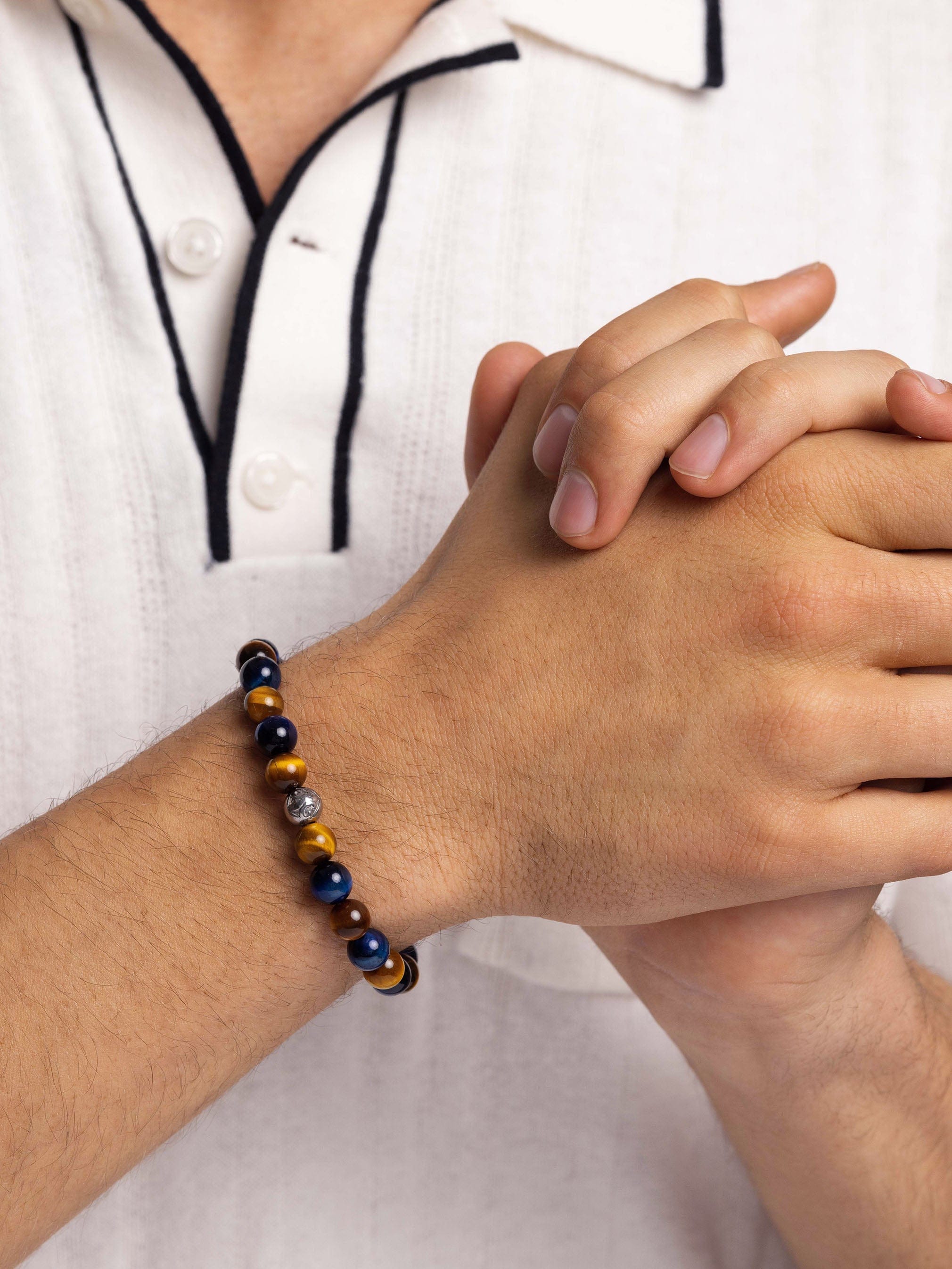Nialaya Men's Beaded Bracelet Men's Wristband with Blue Tiger Eye, Brown Tiger Eye and Silver