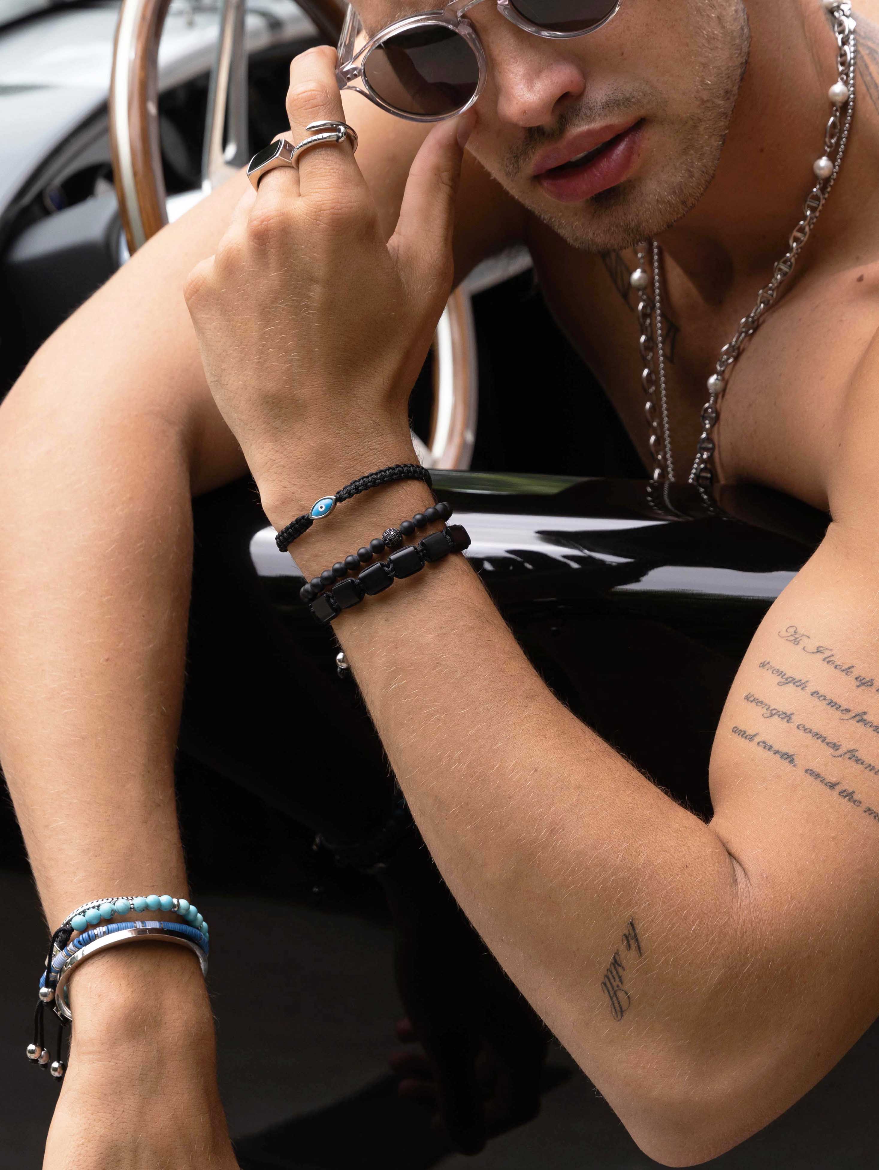 Nialaya Men's Beaded Bracelet Men's Wristband with Matte Onyx and Black CZ Diamond