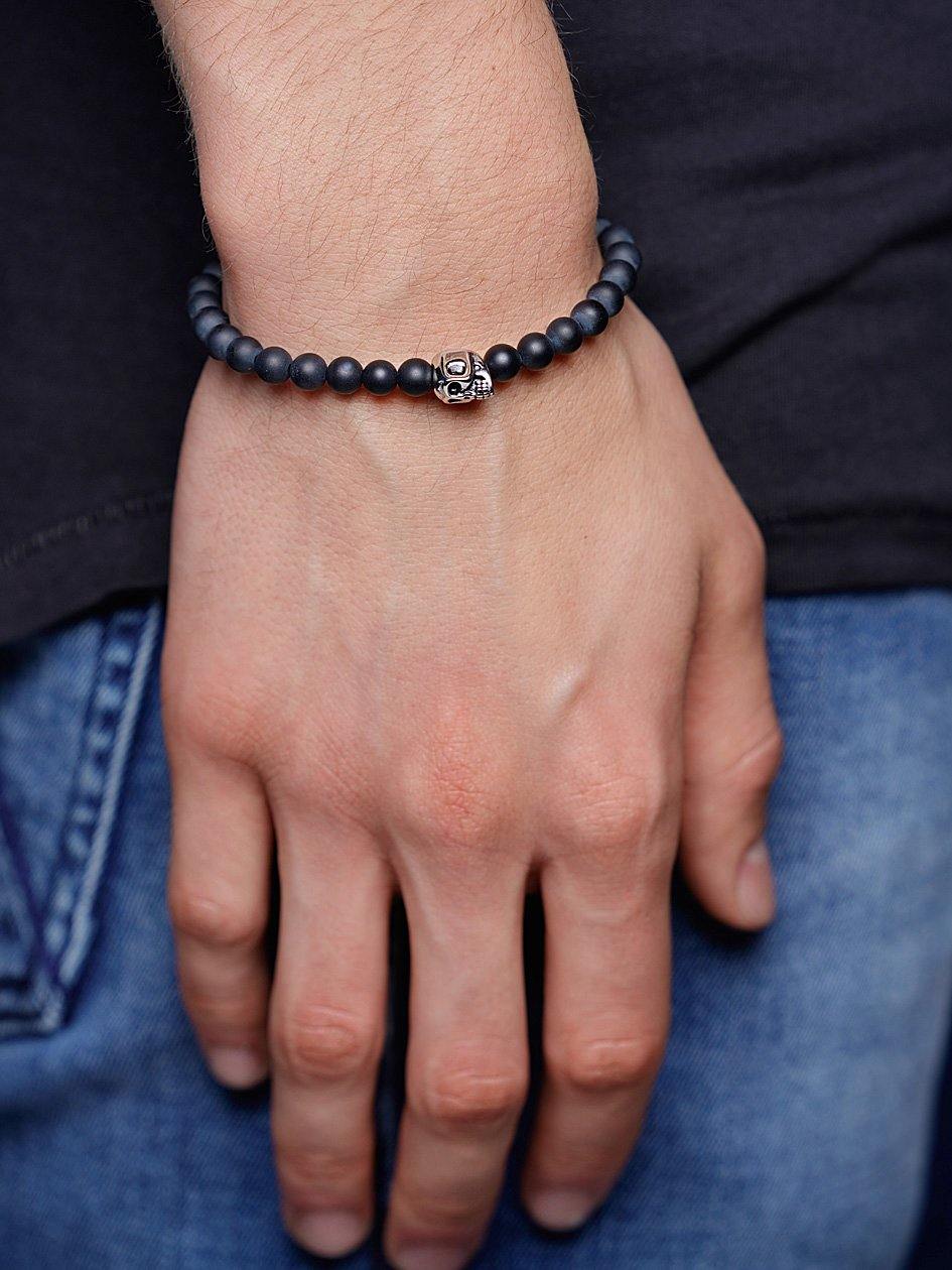 Nialaya Men's Beaded Bracelet Men's Wristband with Matte Onyx and Silver Skull