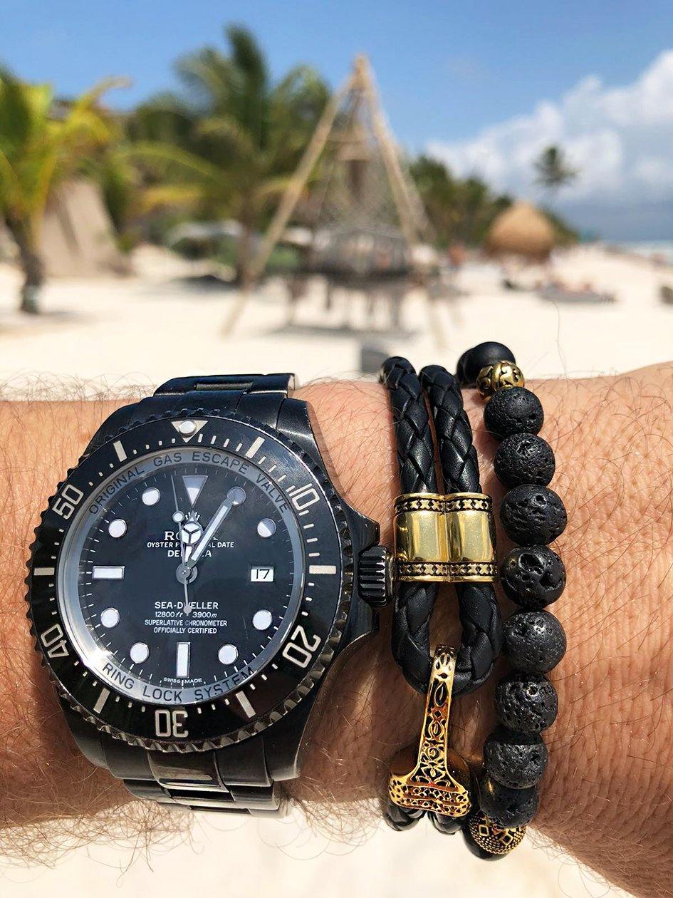 Nialaya Men's Beaded Bracelet Men’s Wristband with Matte Onyx, Lava Stone and Agate