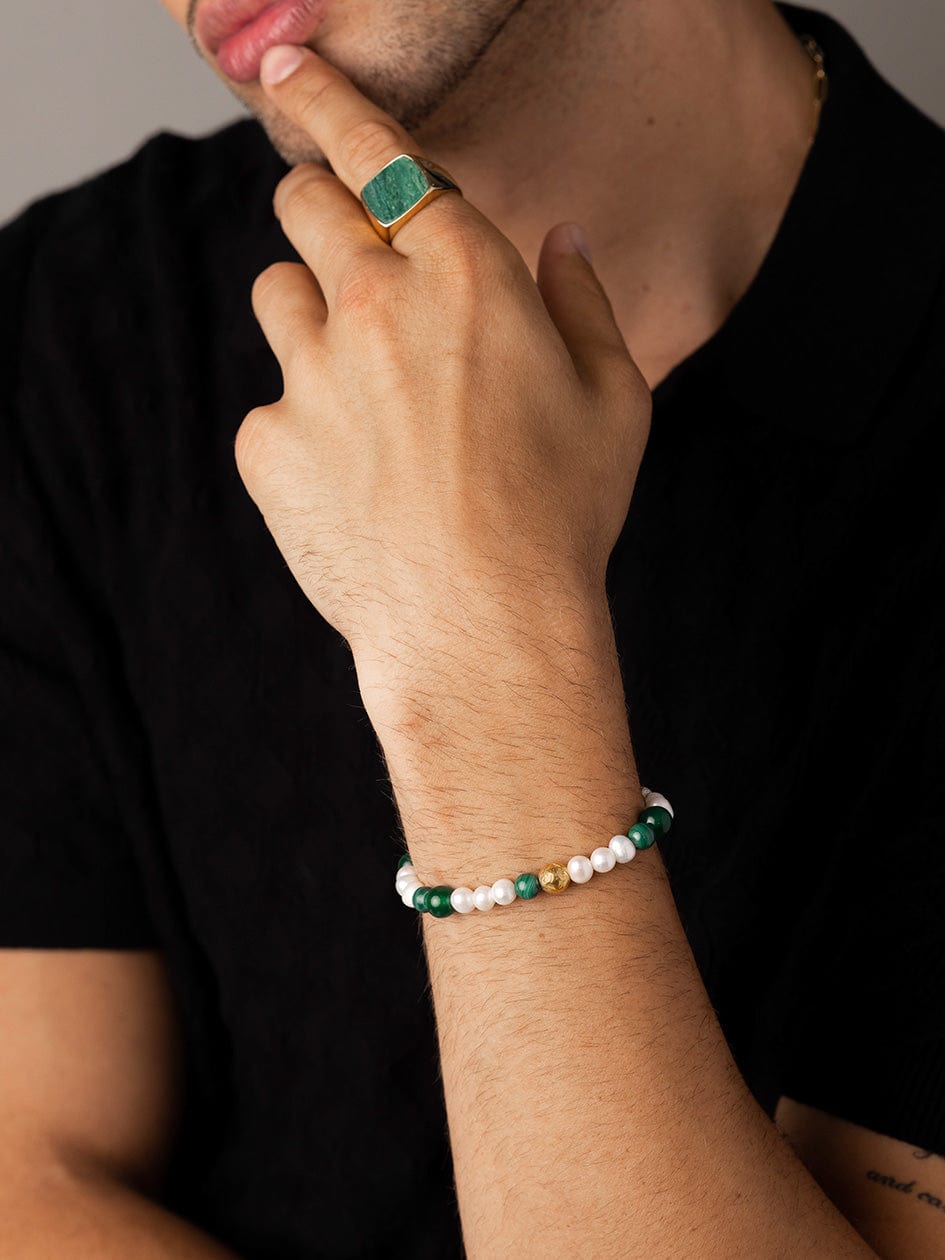 Nialaya Men's Beaded Bracelet Pearl Wristband with Green Aventurine and Malachite