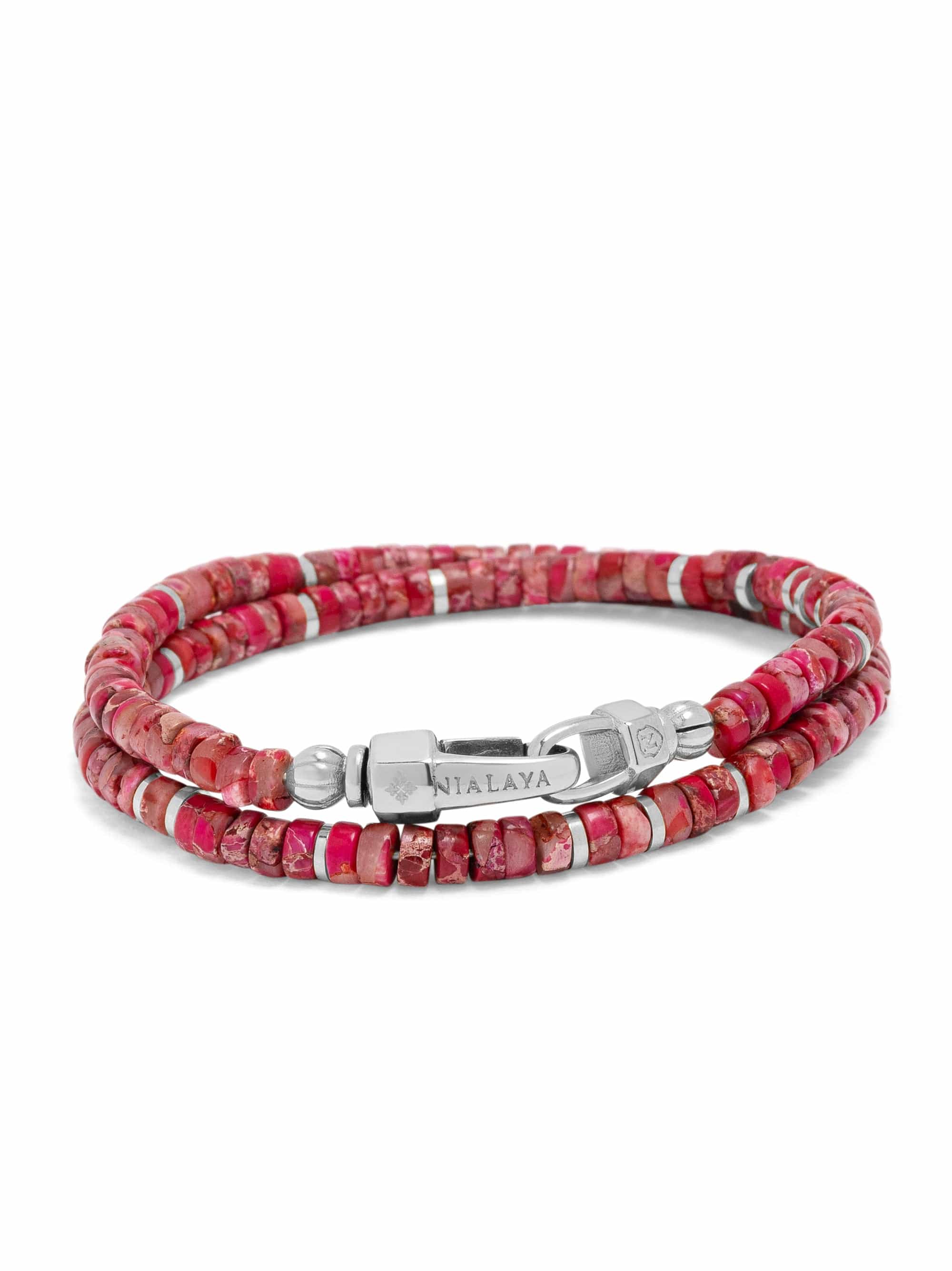 Nialaya Men's Beaded Bracelet Red Howlite Heishi Wrap Bracelet with Silver Red Howlite Heishi Wrap Bracelet with Silver