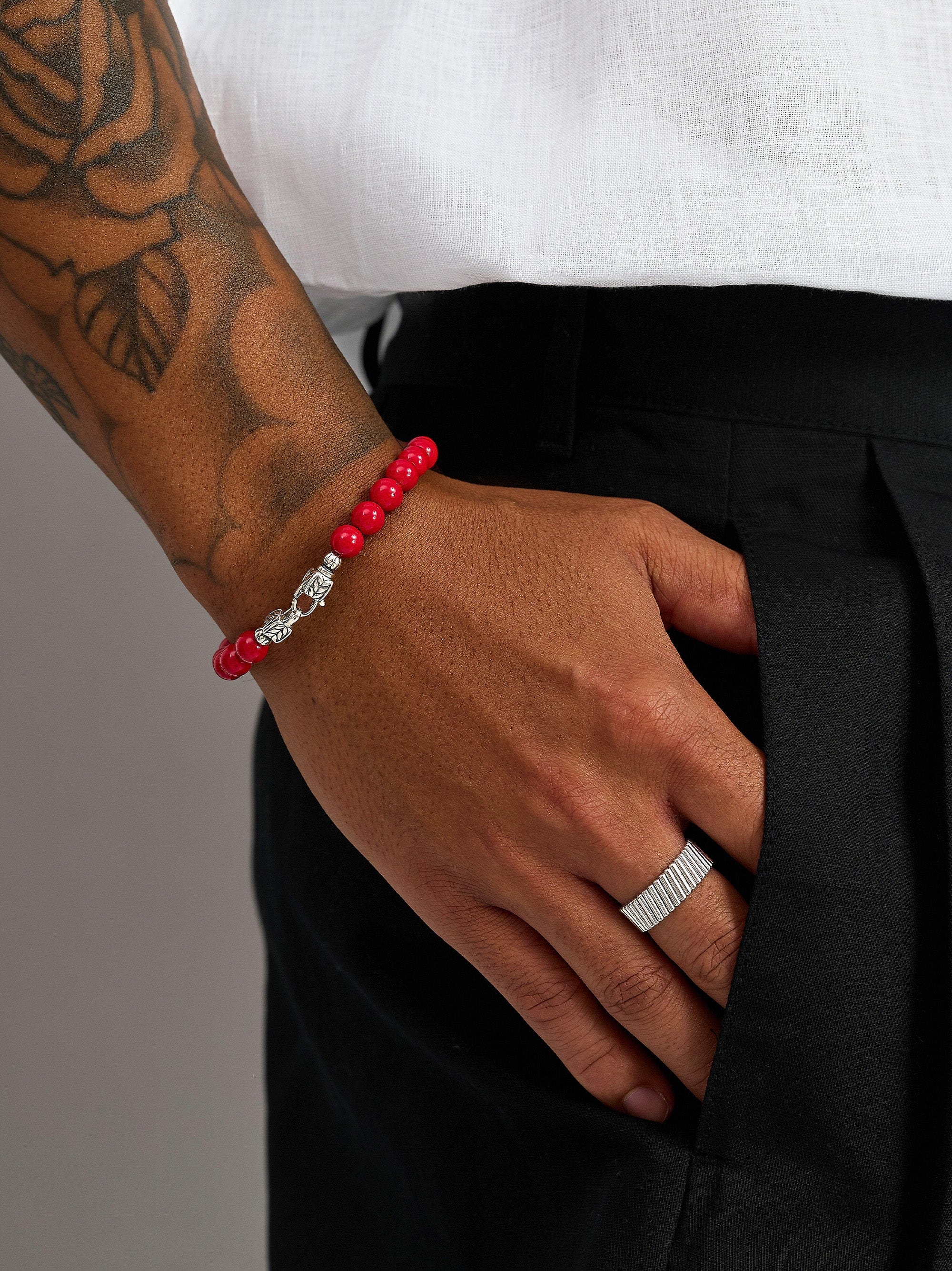 Nialaya Men's Beaded Bracelet Red Jade Healing Bracelet with Silver Lock Red Jade Healing Bracelet with Silver Lock
