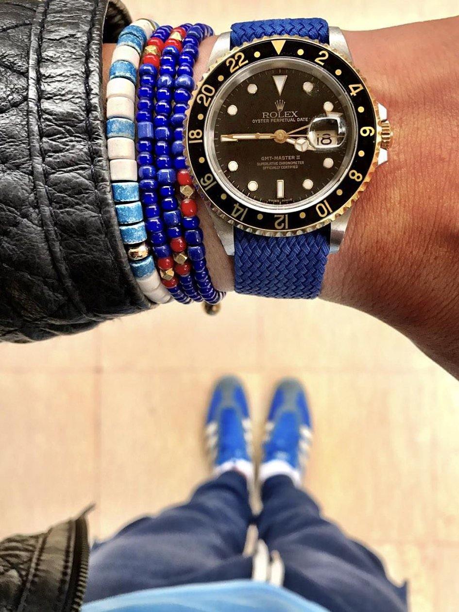 Nialaya Men's Beaded Bracelet The Mykonos Collection - Blue and Red Vintage Glass Beads with Turquoise