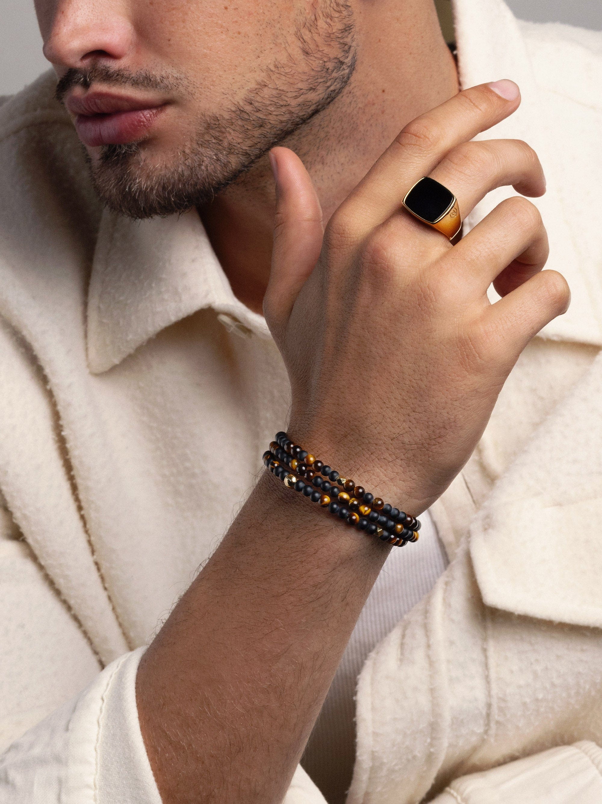 Nialaya Men's Beaded Bracelet The Mykonos Collection - Brown Tiger Eye, Matte Onyx, and Gold The Mykonos Collection - Brown Tiger Eye, Matte Onyx, and Gold