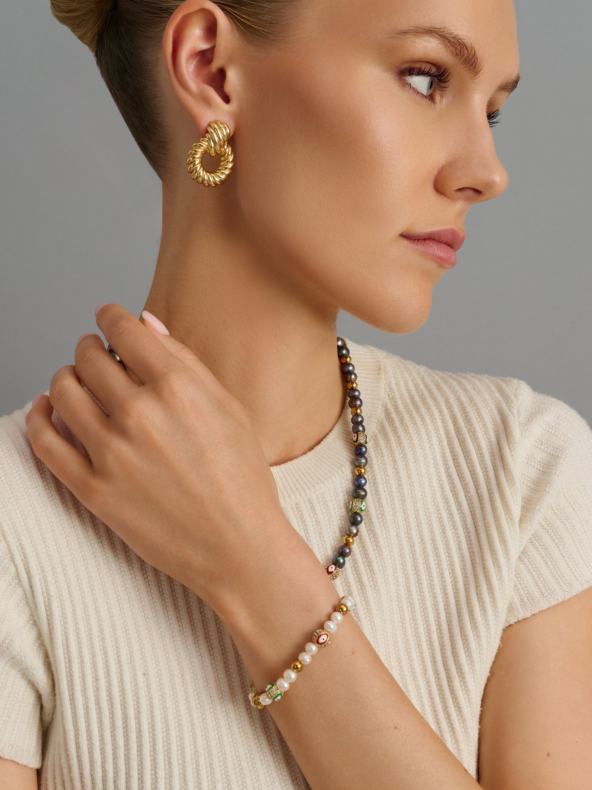 Nialaya Men's Beaded Bracelet Women's Evil Eye Pearl Bracelet Women's Evil Eye Pearl Bracelet