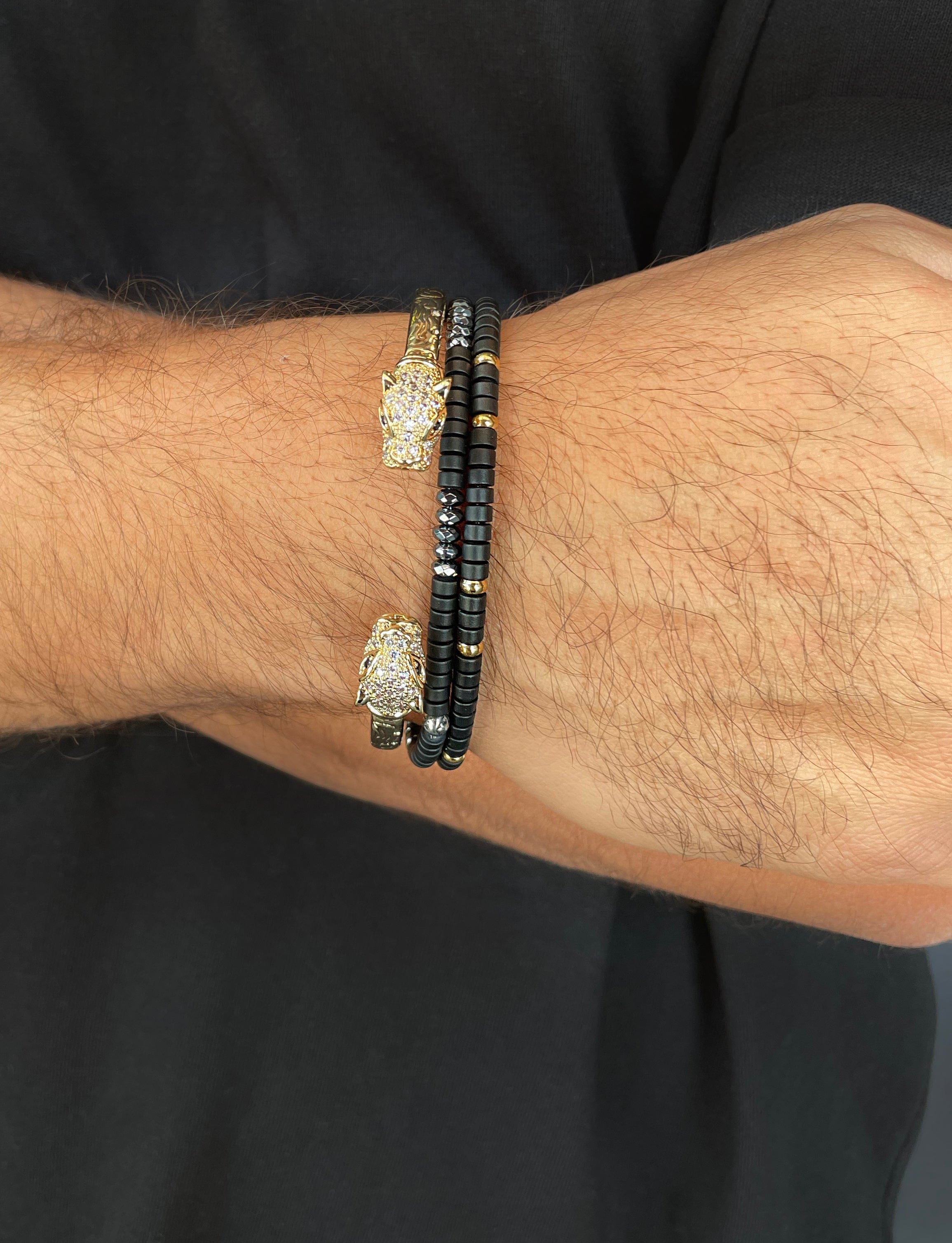 Nialaya Men's Beaded Bracelet Wristband with Black Onyx Heishi Beads and Gold