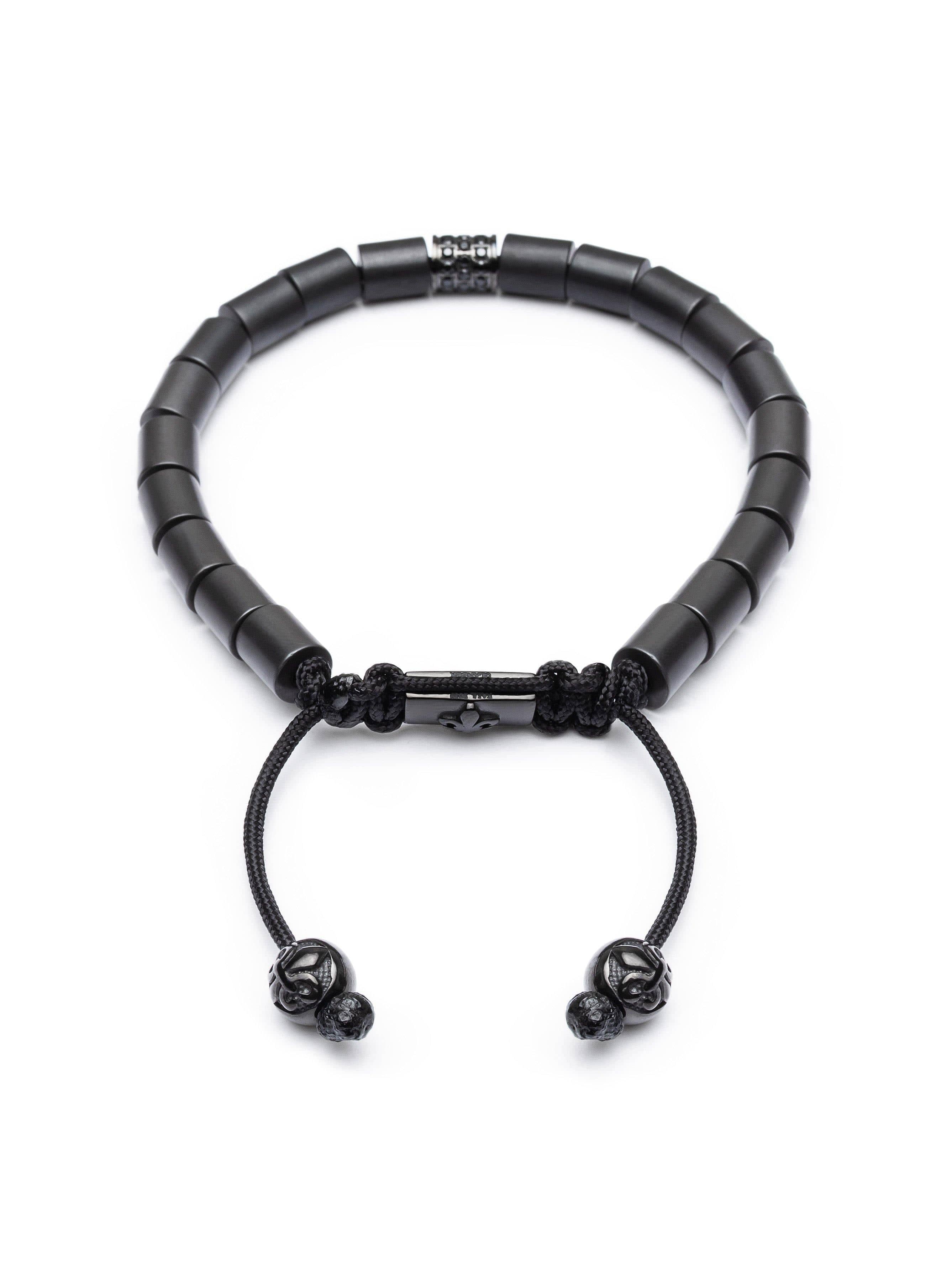 Nialaya Men's Bracelet Men's Beaded Bracelet with Matte Hematite and Single Hand Carved Black Tube Bead with Black CZ Diamonds