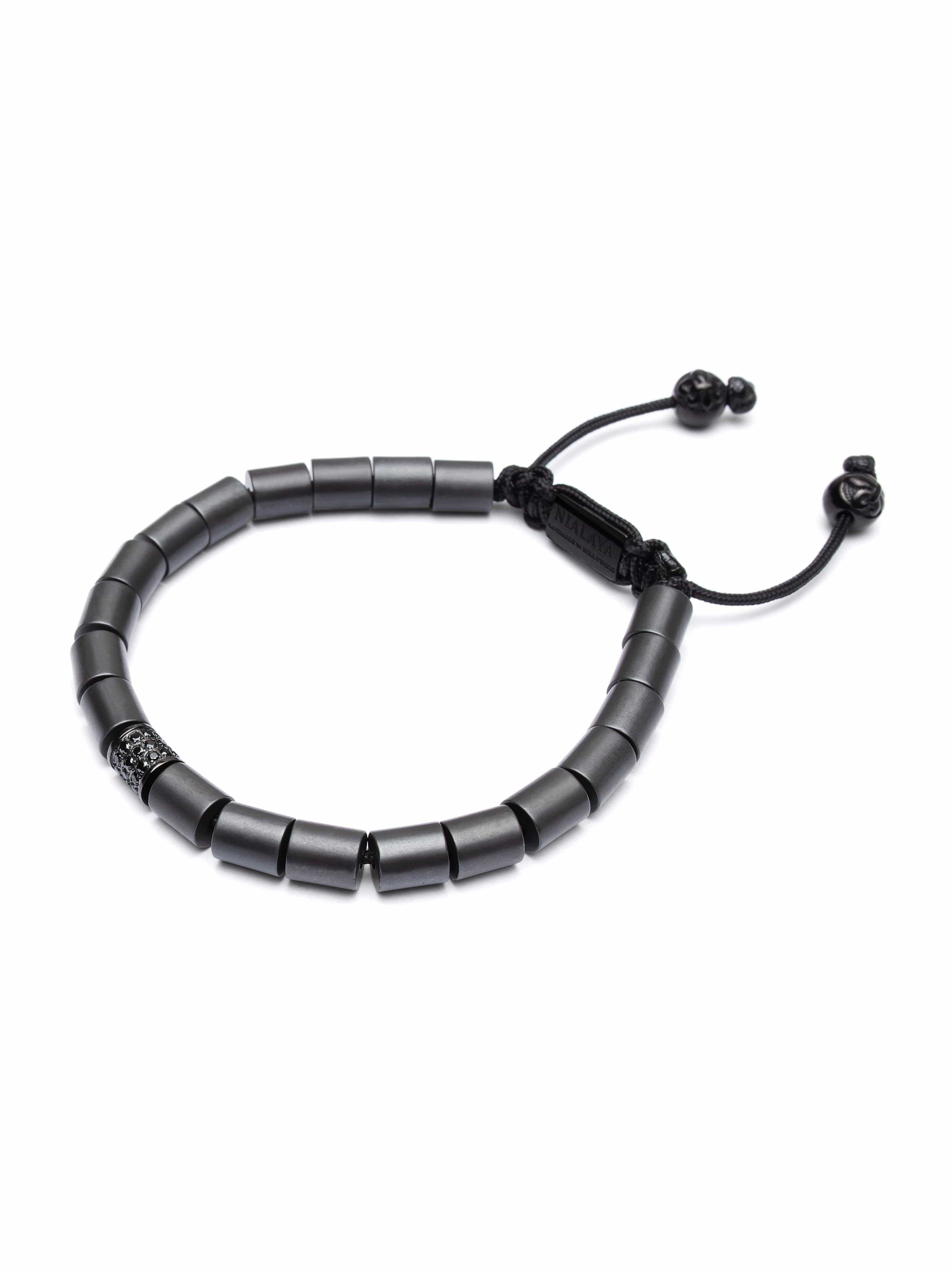 Nialaya Men's Bracelet Men's Beaded Bracelet with Matte Hematite and Single Hand Carved Black Tube Bead with Black CZ Diamonds