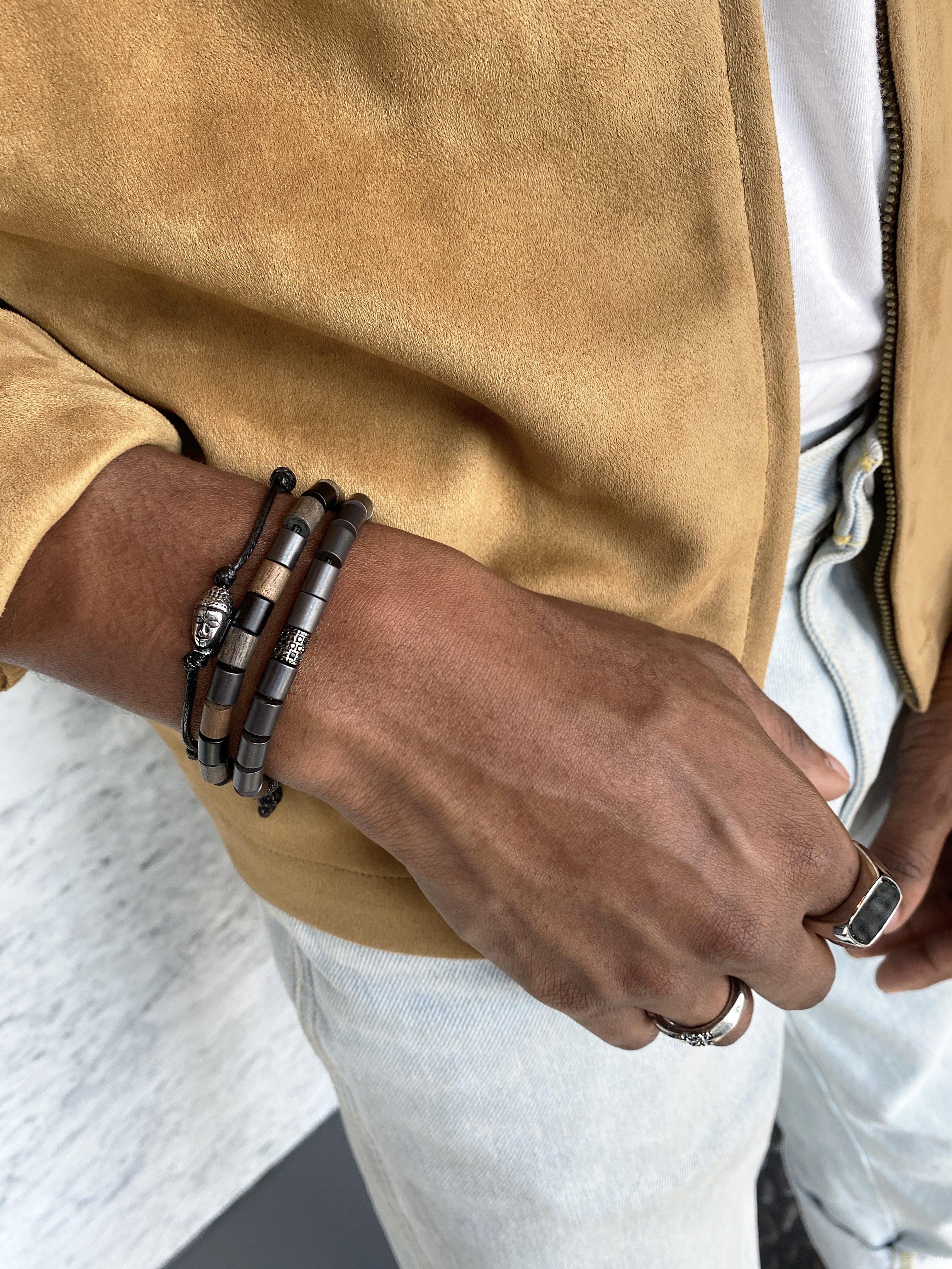 Nialaya Men's Bracelet Men's Beaded Bracelet with Matte Hematite and Single Hand Carved Black Tube Bead with Black CZ Diamonds