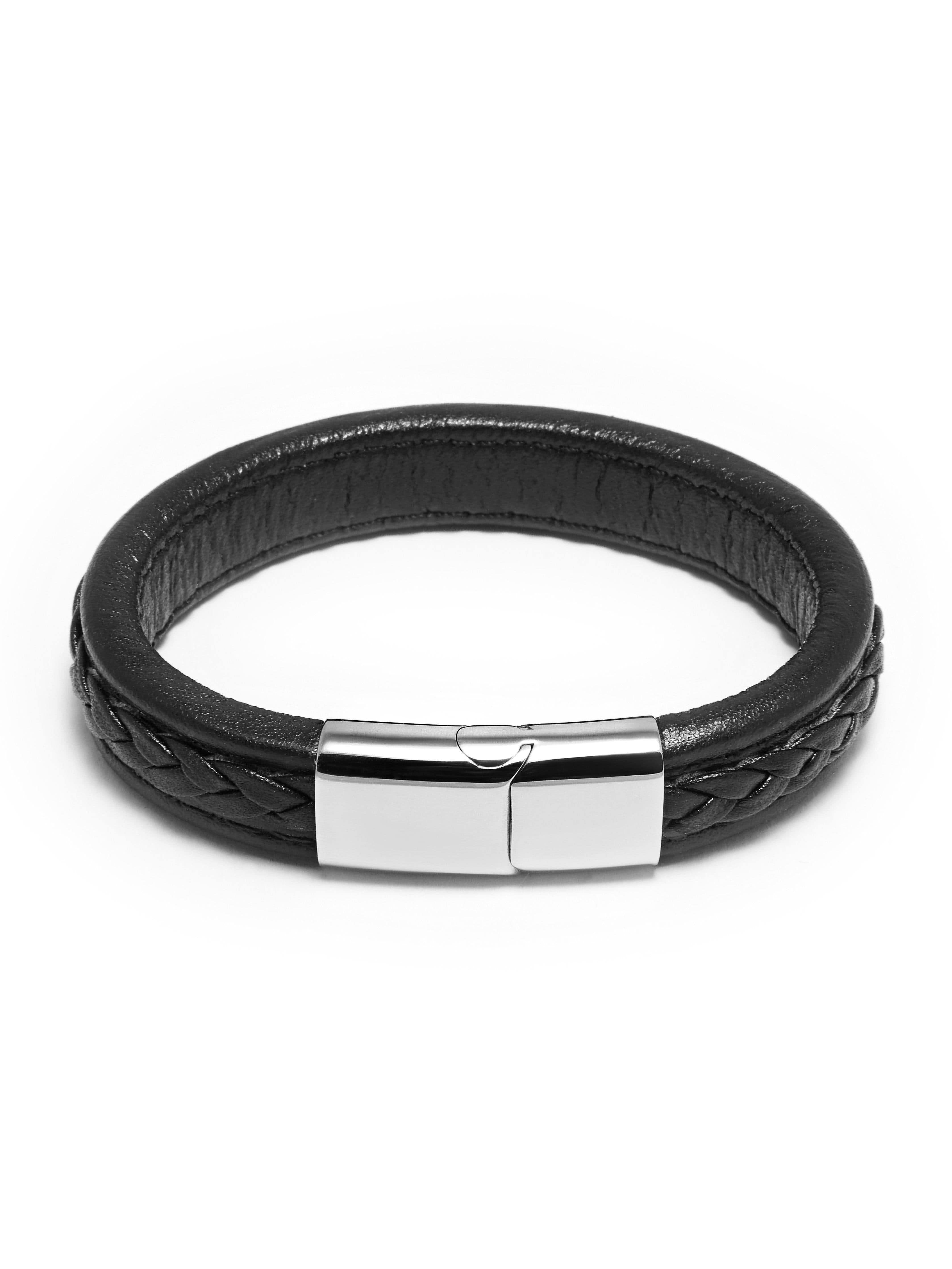 Nialaya Men's Bracelet Men's Black Braided Leather with Silver Lock L (18cm / 7.1”) MLTHCO_321
