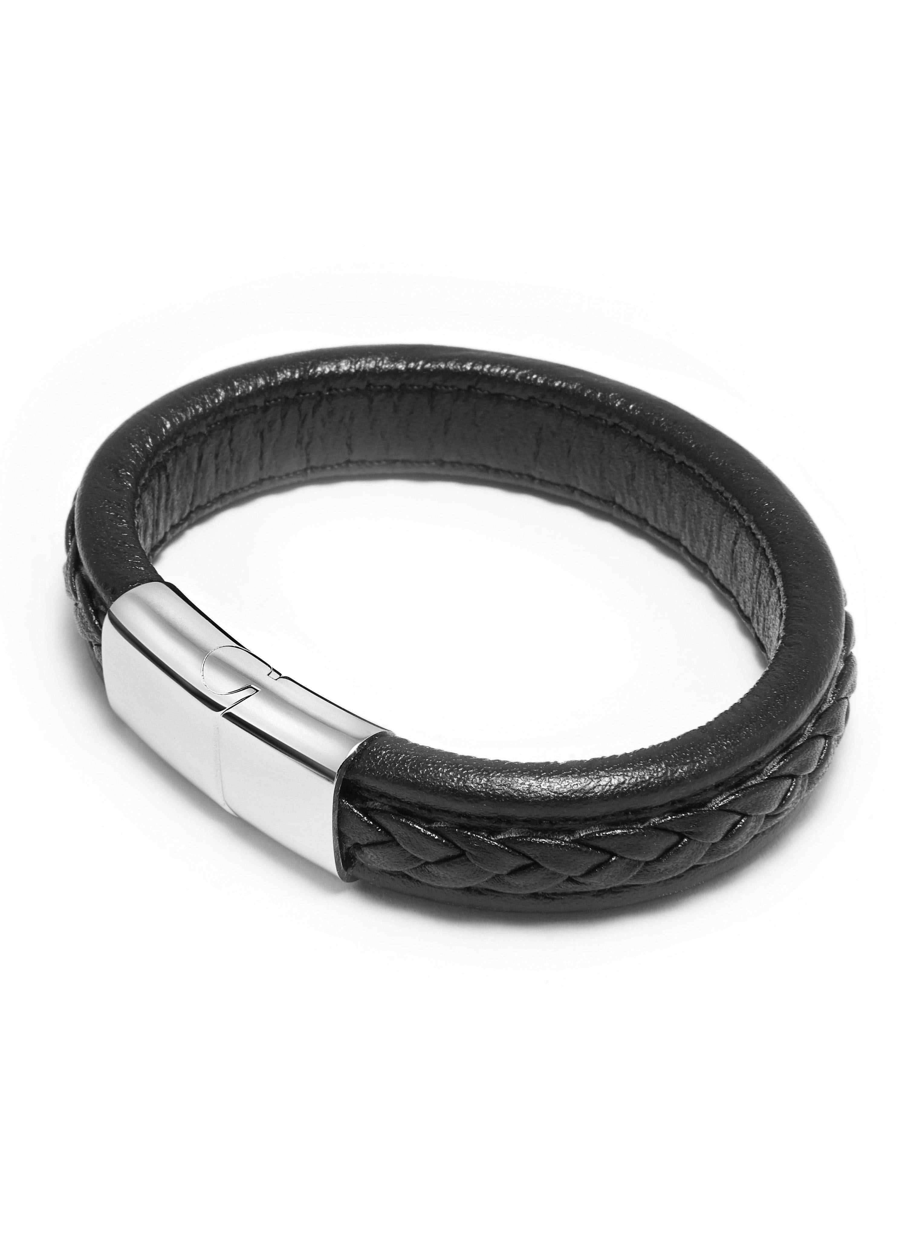 Nialaya Men's Bracelet Men's Black Braided Leather with Silver Lock L (18cm / 7.1”) MLTHCO_321