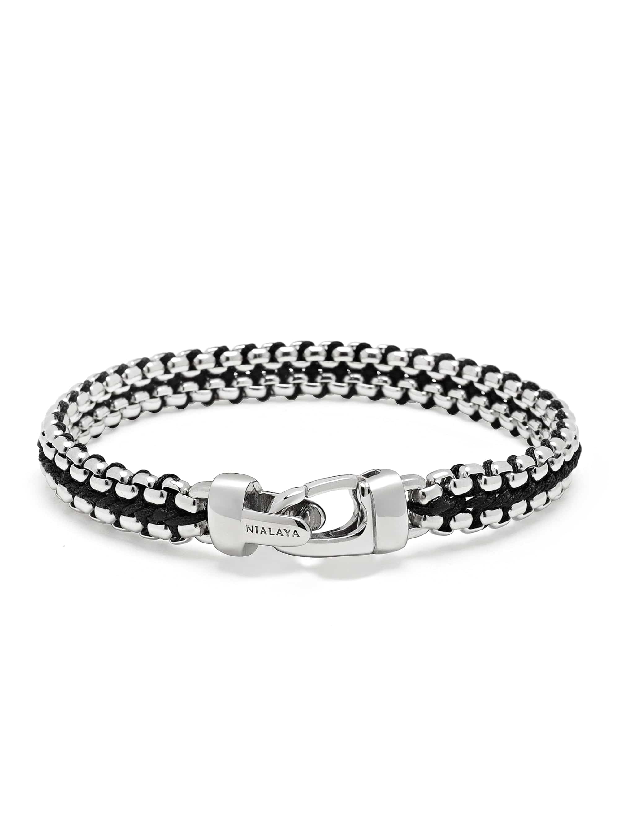 Nialaya Men's Bracelet Men's Black Woven 8 mm Box Chain Bracelet in Silver Men's Black Woven 8 mm Box Chain Bracelet in Silver