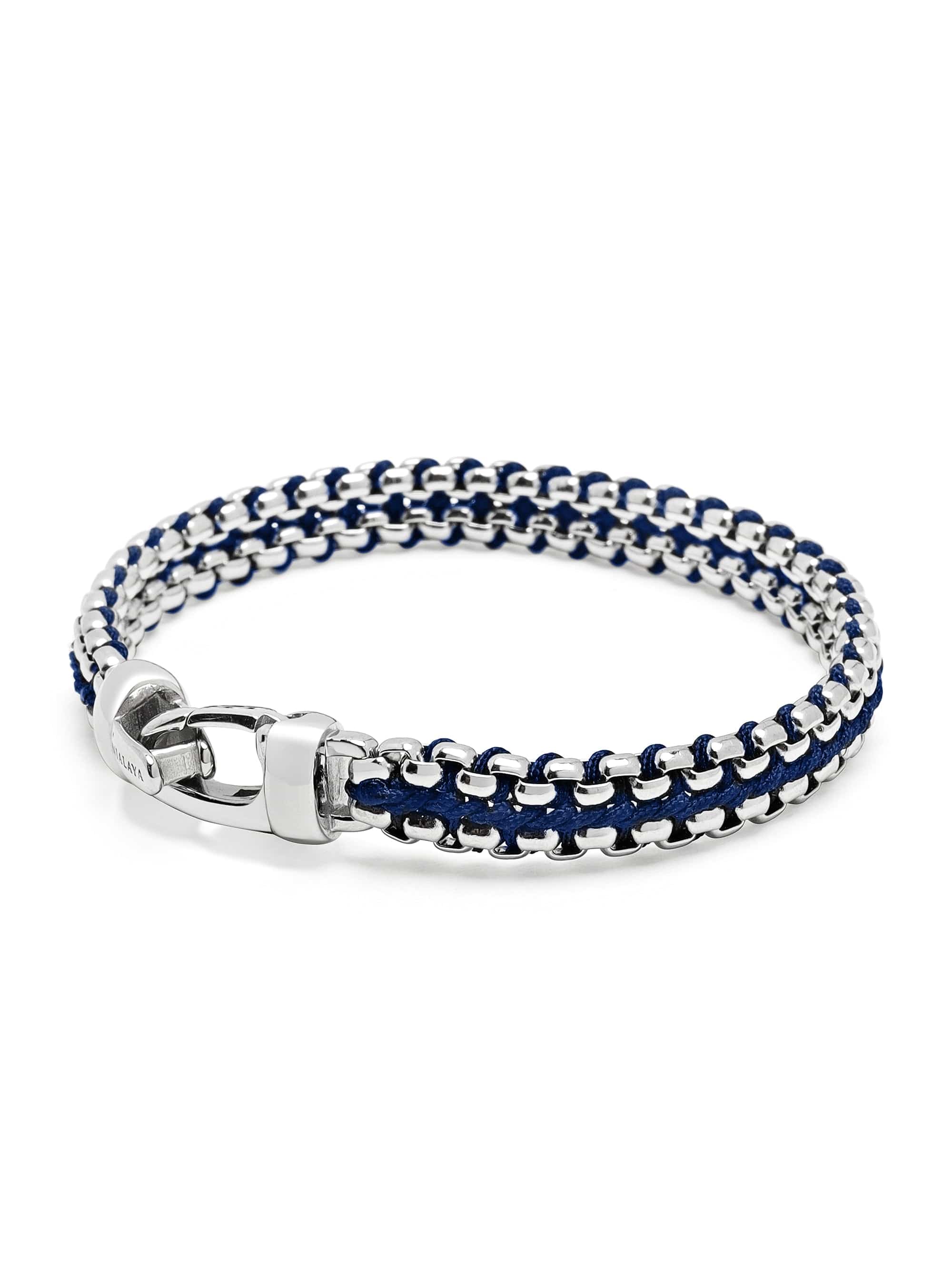 Nialaya Men's Bracelet Navy Woven Box Chain Bracelet in Silver Navy Woven Box Chain Bracelet in Silver