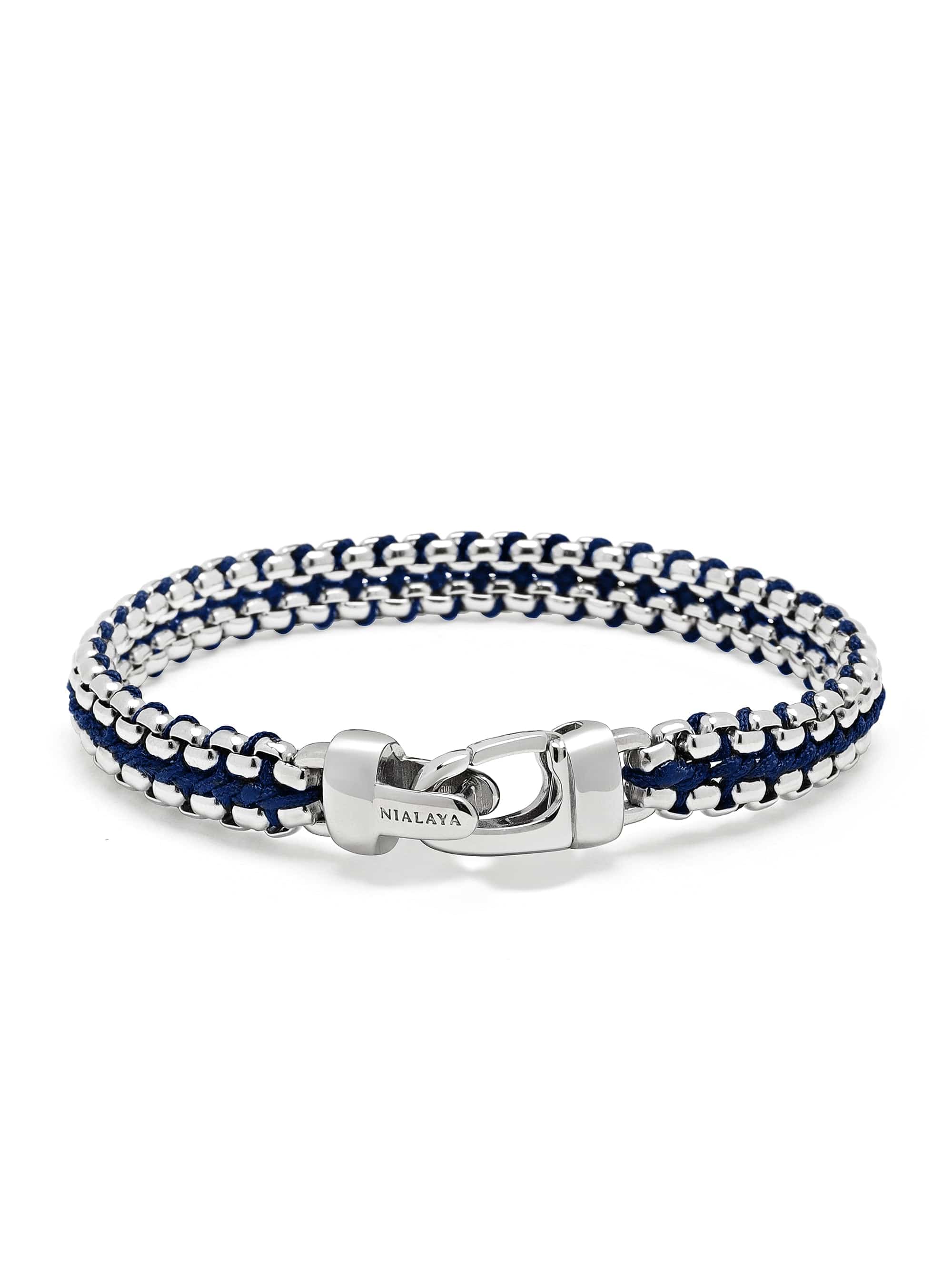 Nialaya Men's Bracelet Navy Woven Box Chain Bracelet in Silver Navy Woven Box Chain Bracelet in Silver