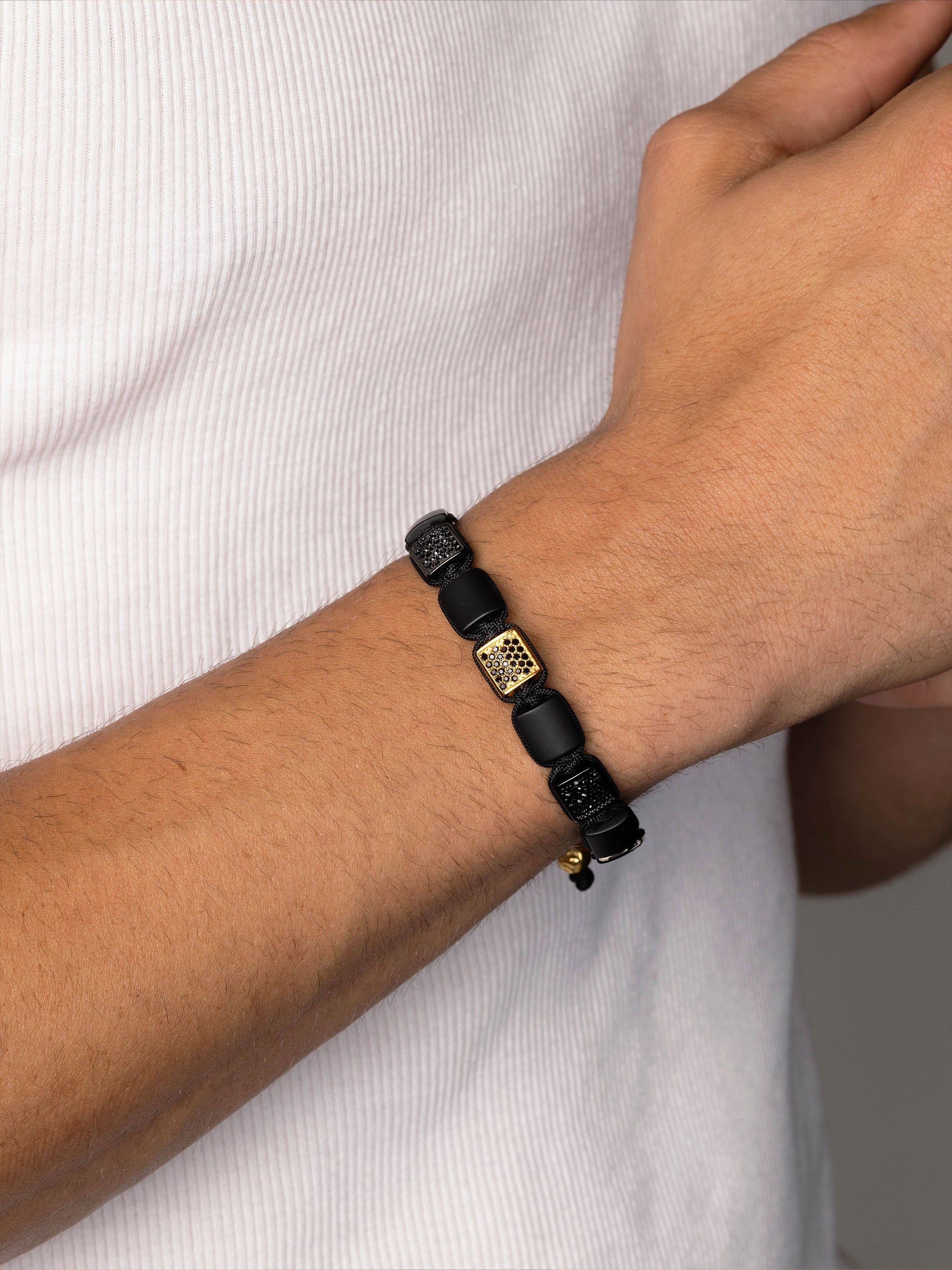 Nialaya Men's Flatbead Bracelet The CZ Flatbead Collection - Black Onyx and Black CZ