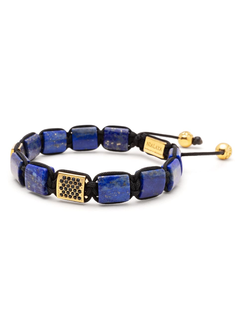 Nialaya Men's Flatbead Bracelet The CZ Flatbead Collection - Blue Lapis and Black CZ