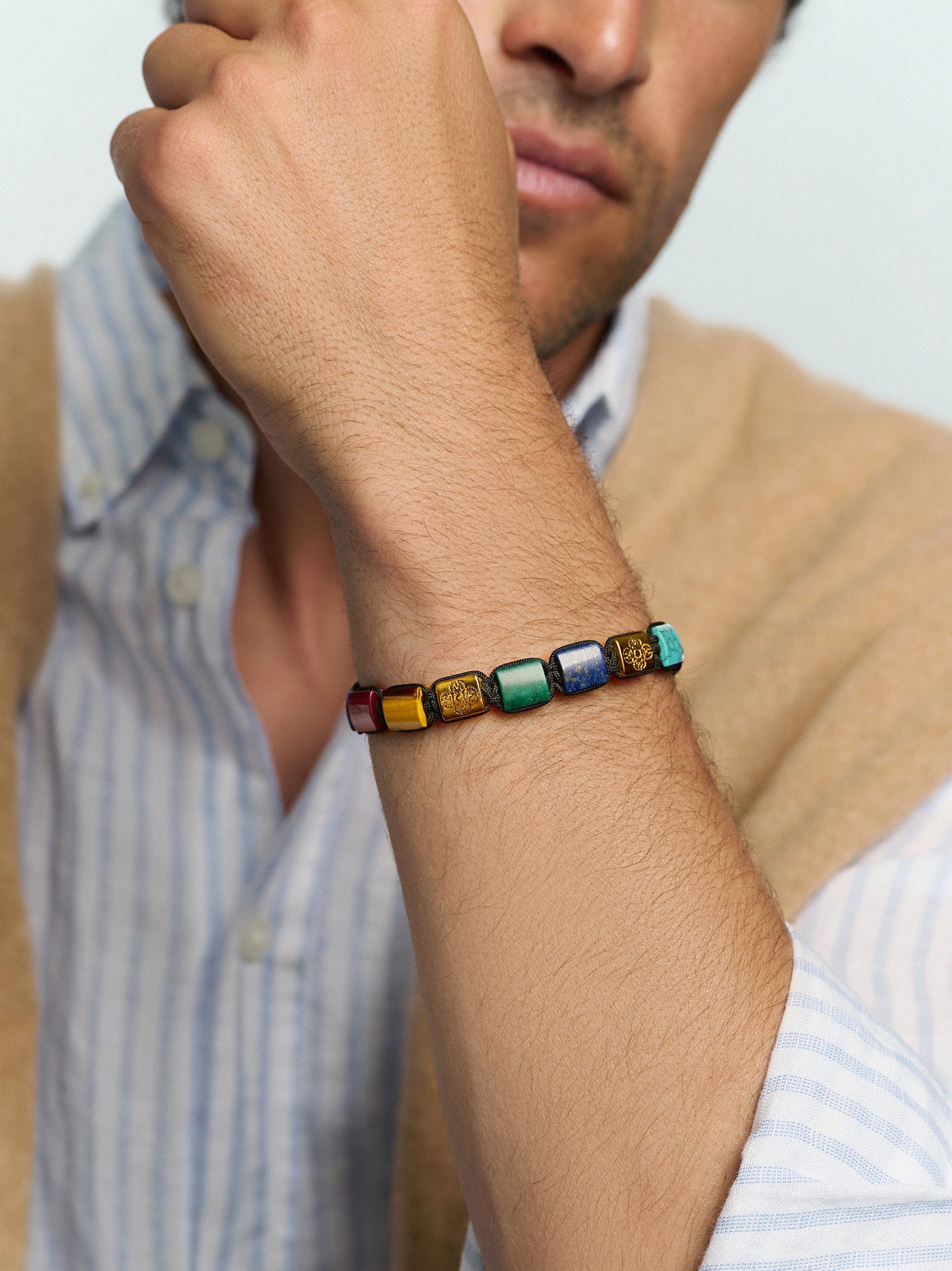 Nialaya Men's Flatbead Bracelet The Dorje Flatbead Collection - Blue Lapis, Green Jade, Brown Tiger Eye, Carnelian and Turquoise The Dorje Flatbead Collection - Blue Lapis, Green Jade, Brown Tiger Eye, Carnelian and Turquoise