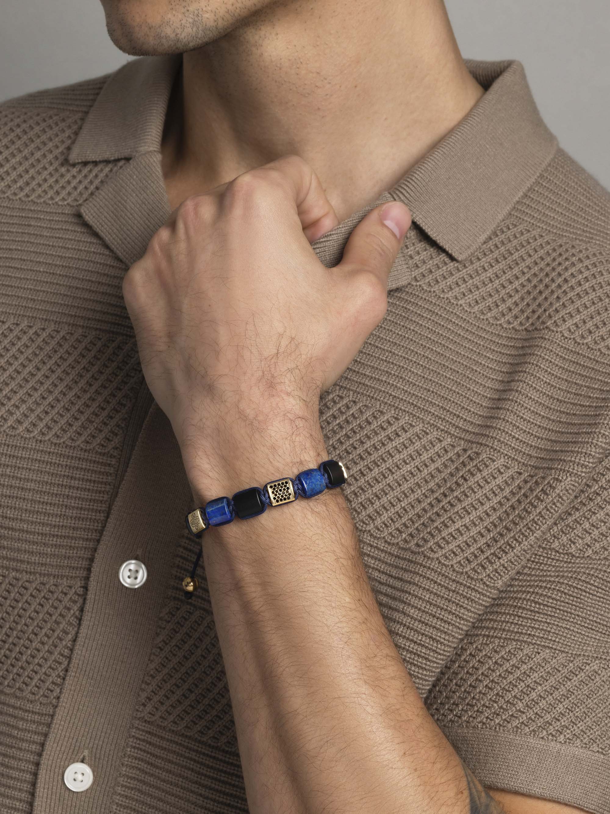 Nialaya Men's Flatbead Bracelet The Dorje Flatbead Collection - Blue Lapis, Matte Onyx, and Brown Tiger Eye