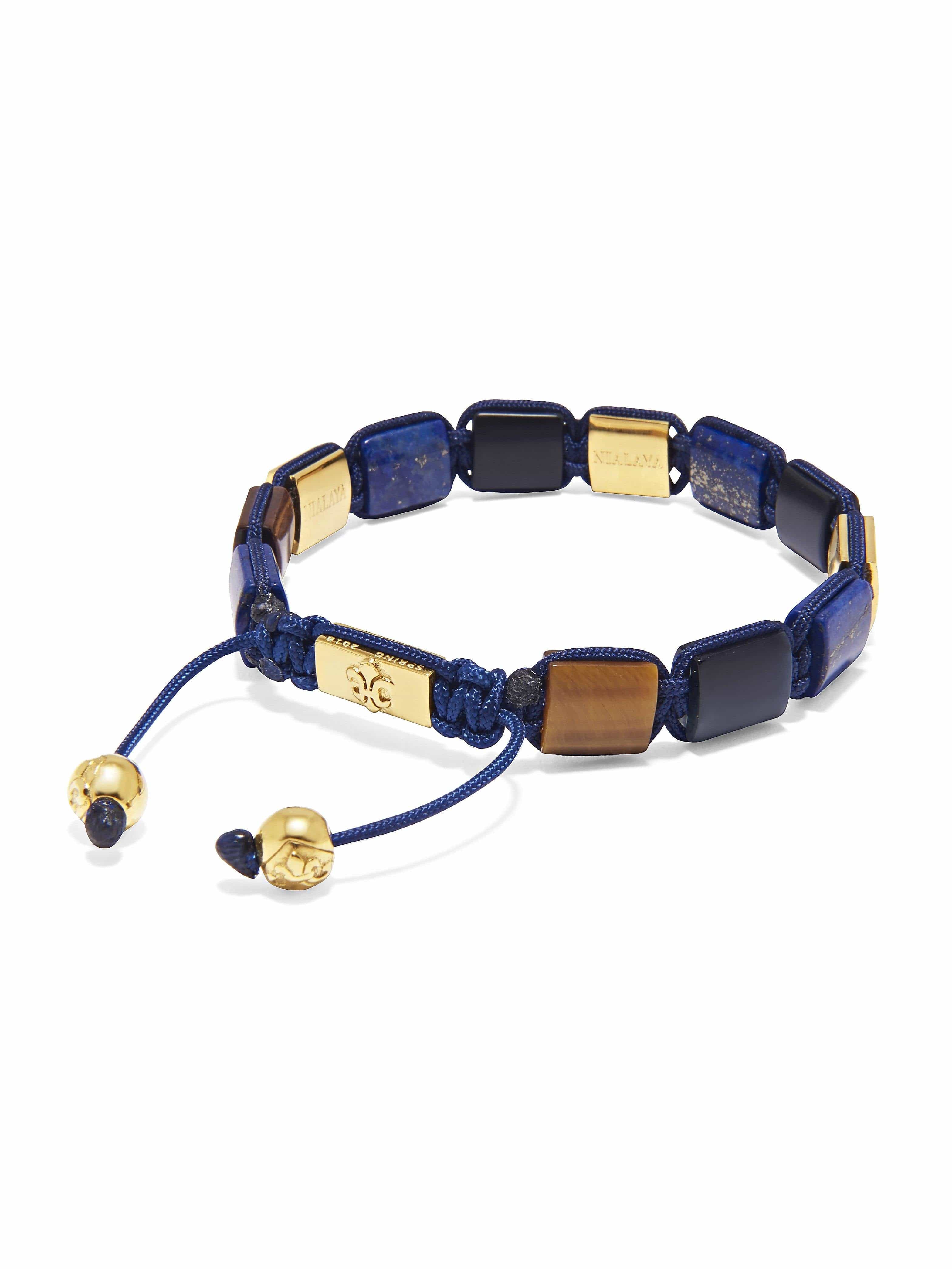 Nialaya Men's Flatbead Bracelet The Dorje Flatbead Collection - Blue Lapis, Matte Onyx, and Brown Tiger Eye
