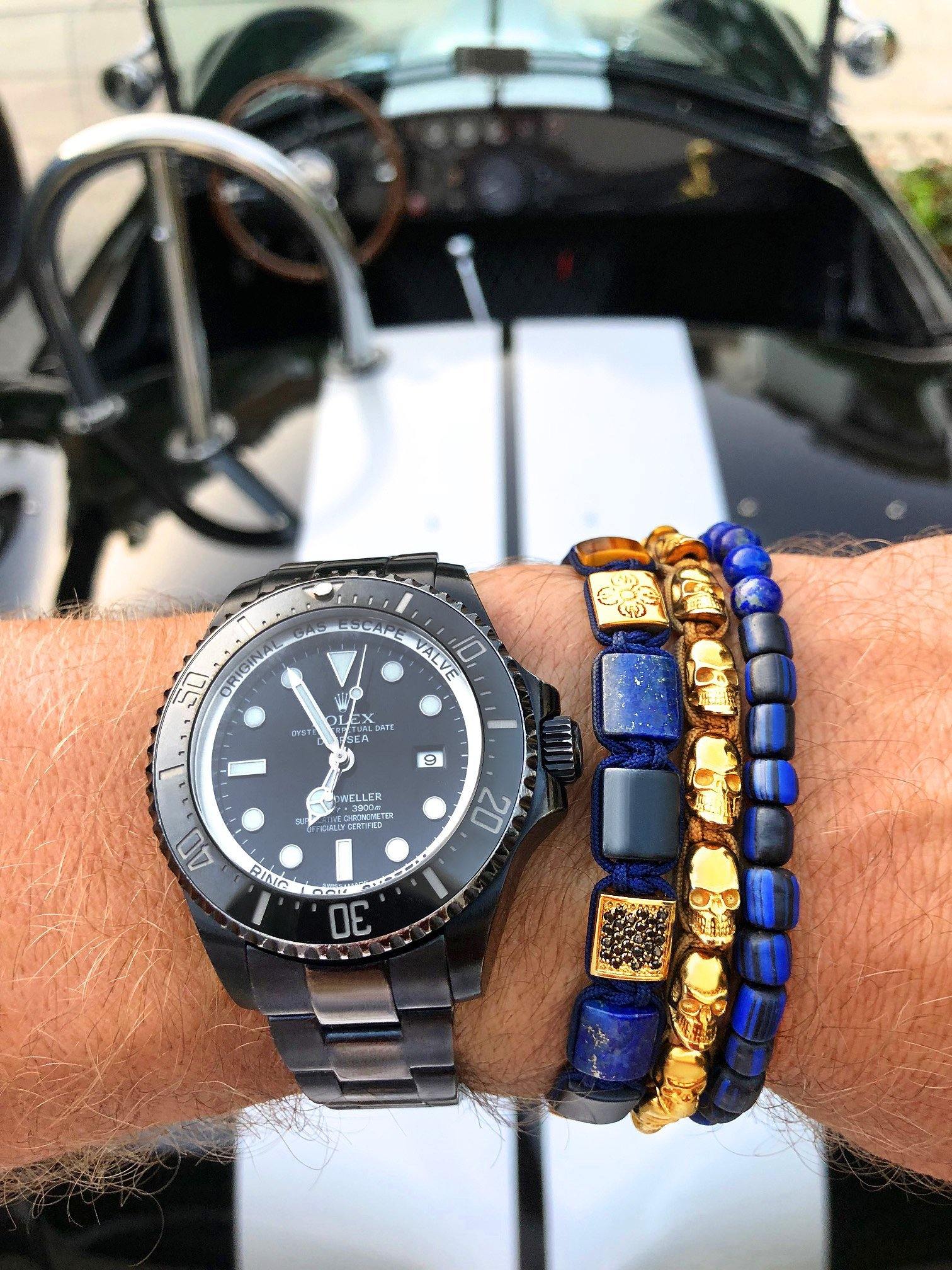 Nialaya Men's Flatbead Bracelet The Dorje Flatbead Collection - Blue Lapis, Matte Onyx, and Brown Tiger Eye