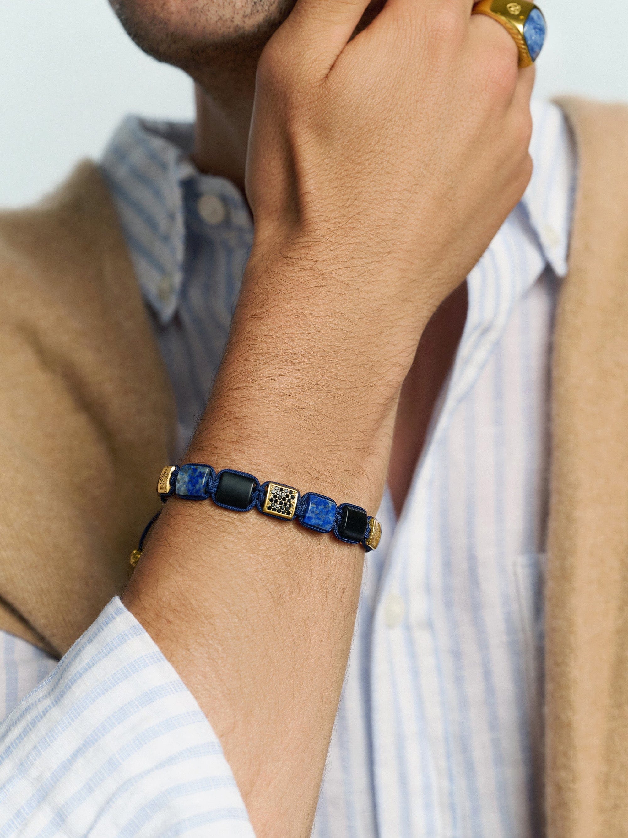 Nialaya Men's Flatbead Bracelet The Dorje Flatbead Collection - Blue Lapis, Matte Onyx, and Brown Tiger Eye The Dorje Flatbead Collection - Blue Lapis, Matte Onyx, and Brown Tiger Eye