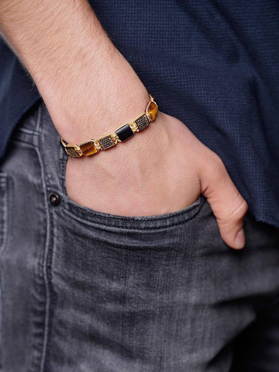 Nialaya Men's Flatbead Bracelet The Dorje Flatbead Collection - Matte Onyx and Brown Tiger Eye