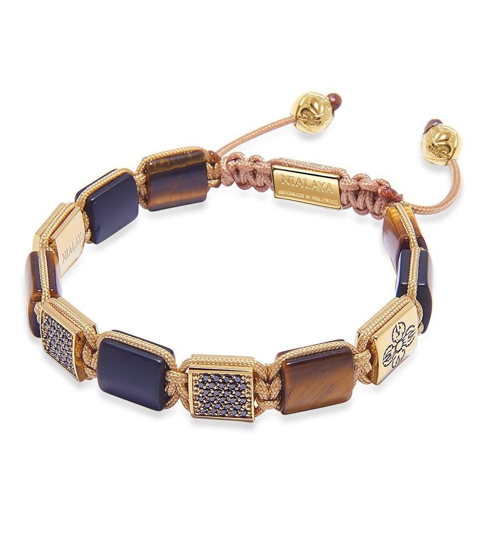 Nialaya Men's Flatbead Bracelet The Dorje Flatbead Collection - Matte Onyx and Brown Tiger Eye