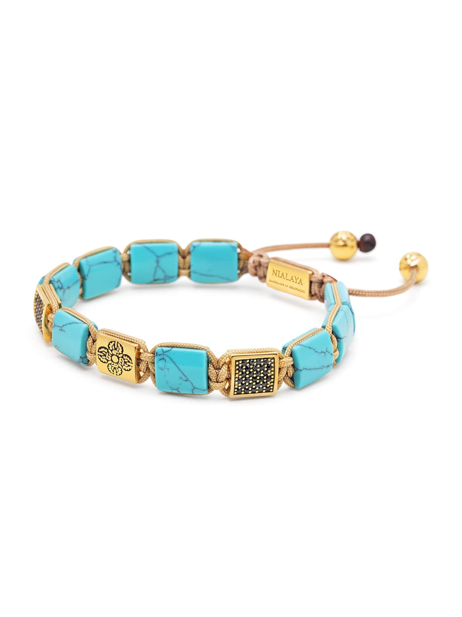Nialaya Men's Flatbead Bracelet The Dorje Flatbead Collection - Turquoise and Gold