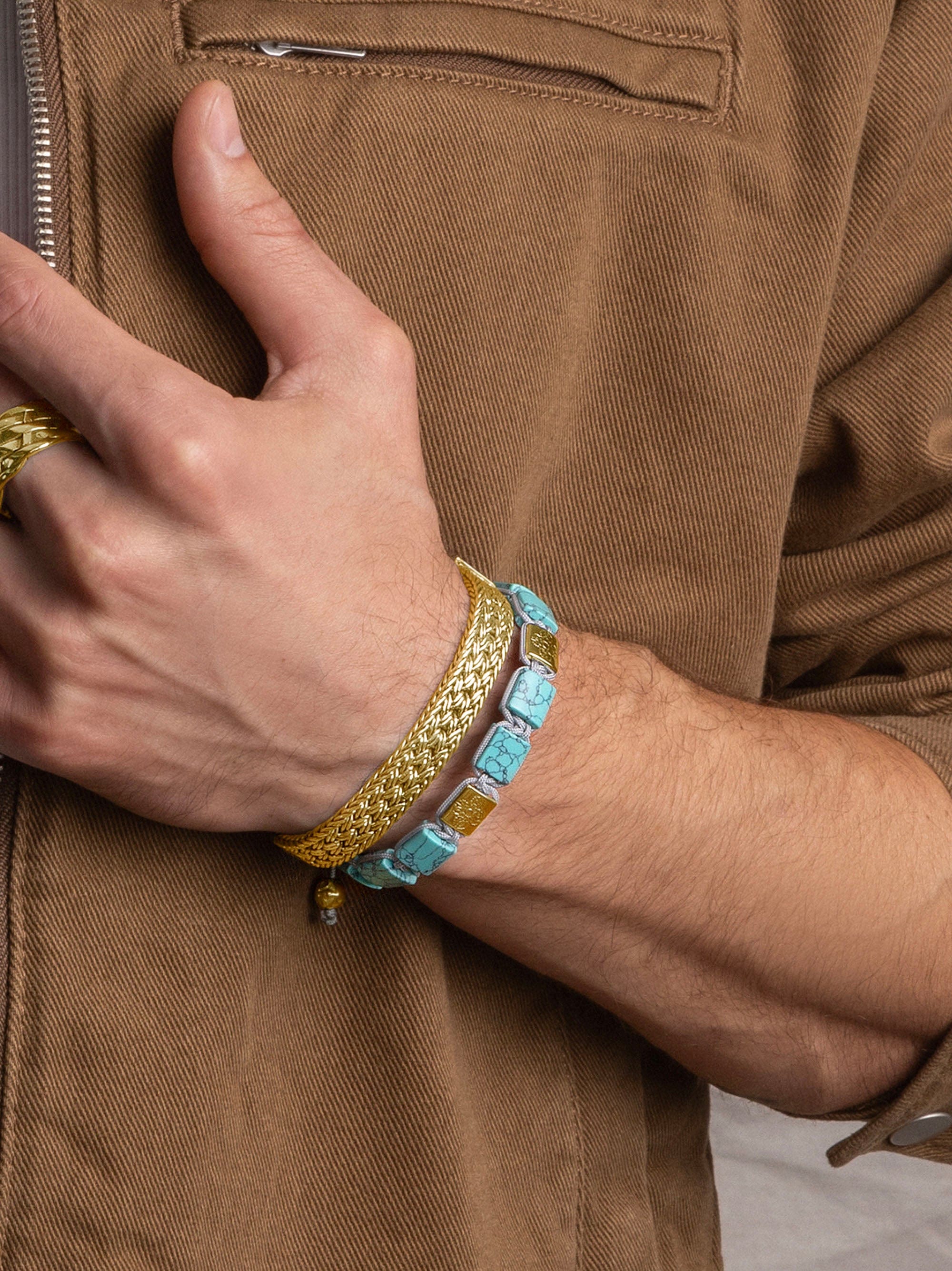Nialaya Men's Flatbead Bracelet The Dorje Flatbead Collection - Turquoise and Gold