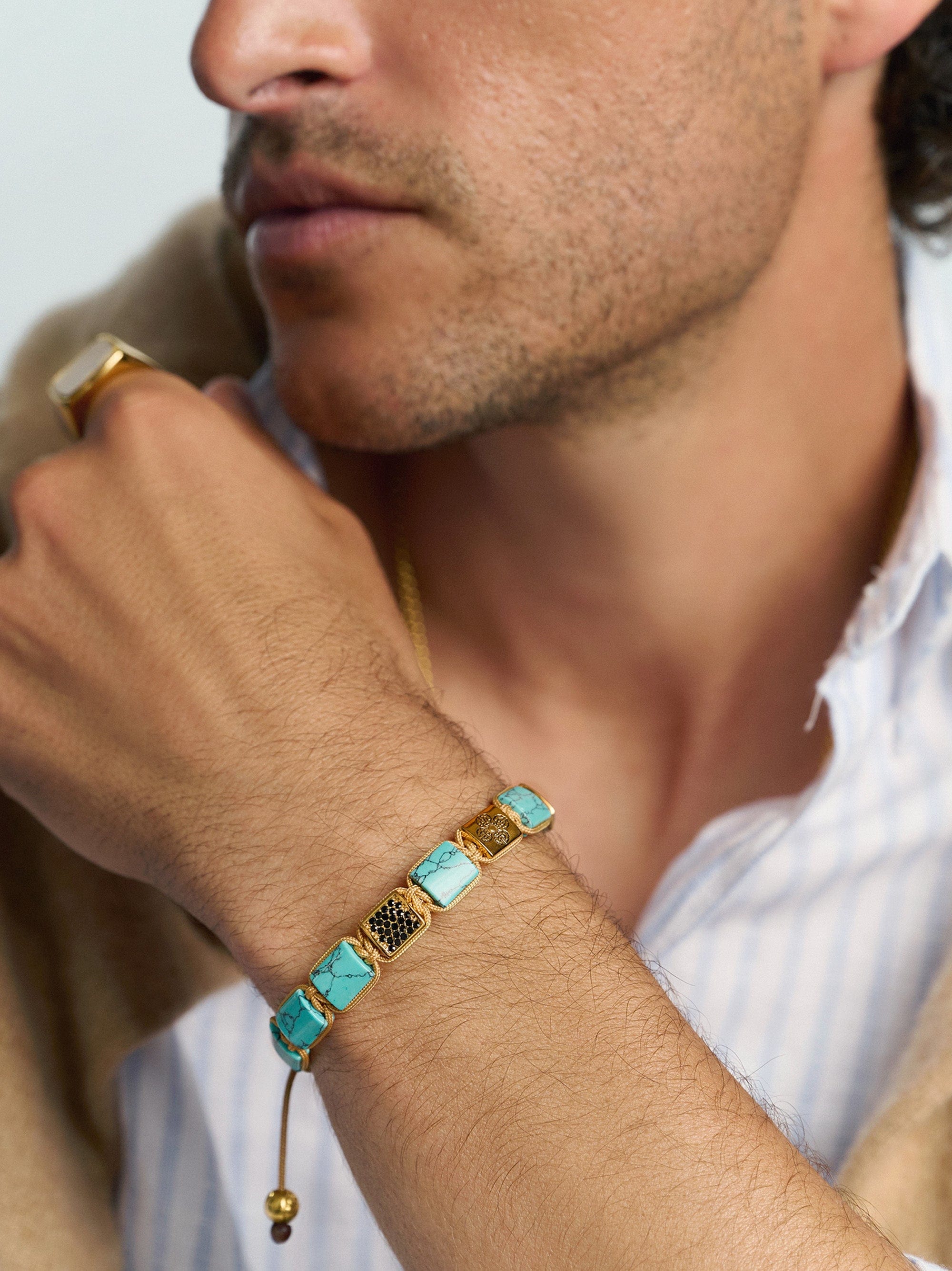 Nialaya Men's Flatbead Bracelet The Dorje Flatbead Collection - Turquoise and Gold The Dorje Flatbead Collection - Turquoise and Gold