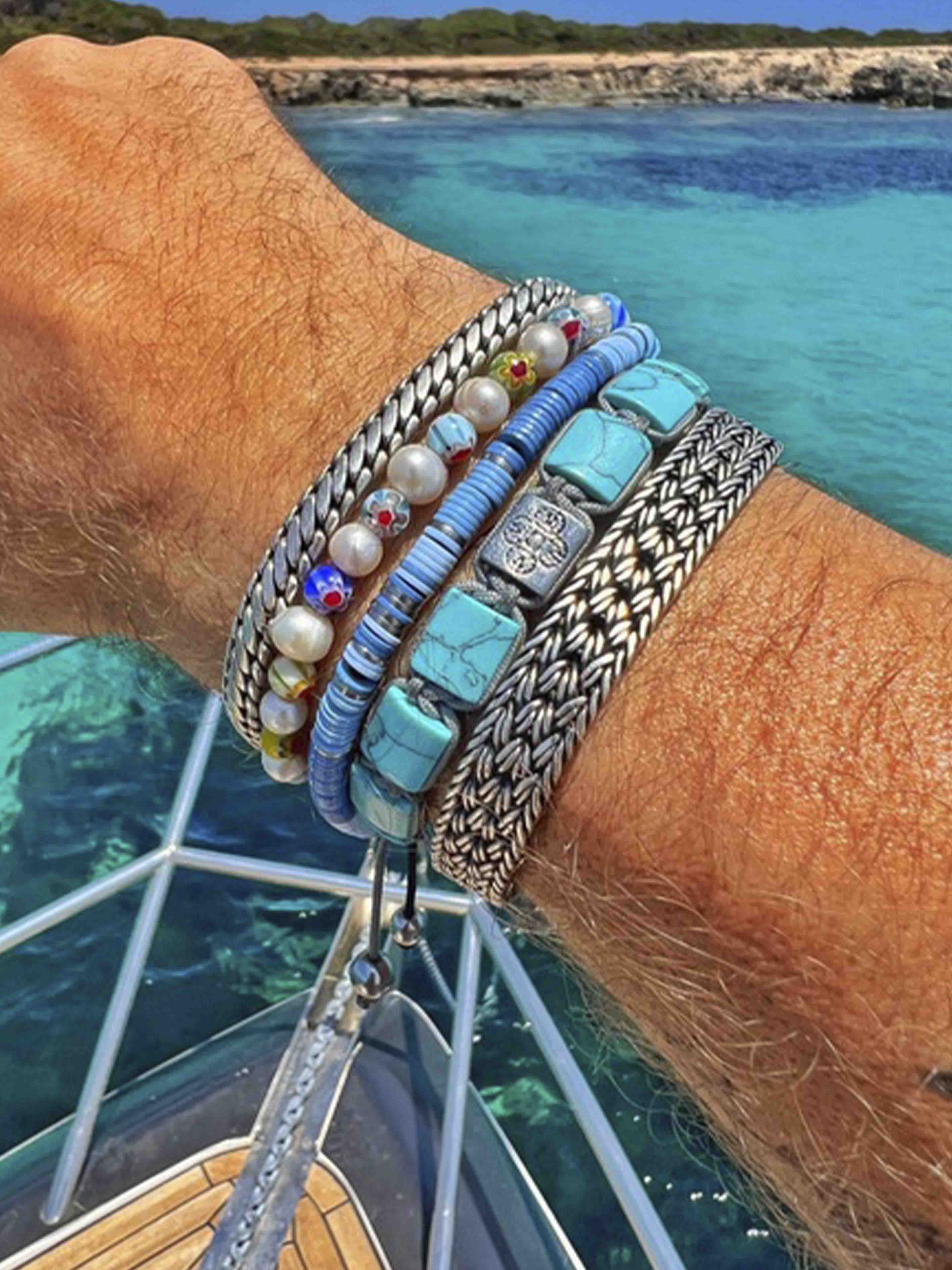 Nialaya Men's Flatbead Bracelet The Dorje Flatbead Collection - Turquoise and Silver