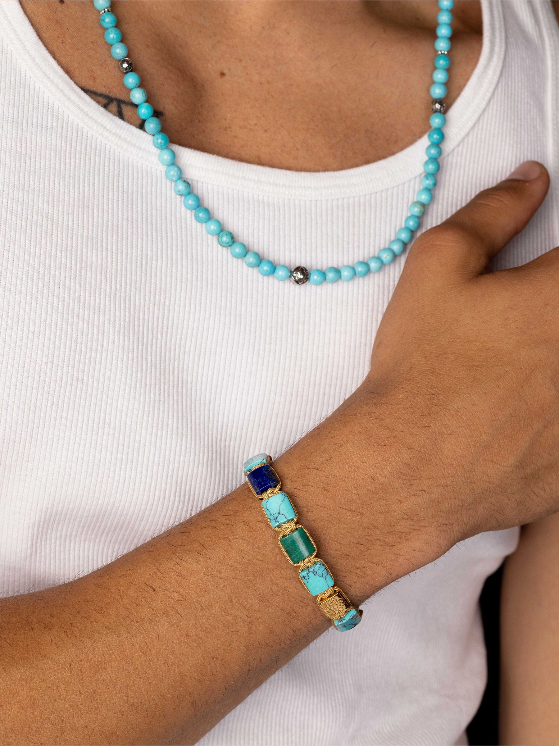 Nialaya Men's Flatbead Bracelet The Dorje Flatbead Collection - Turquoise, Blue Lapis, Red Jade, Brown Tiger Eye and Green Jade