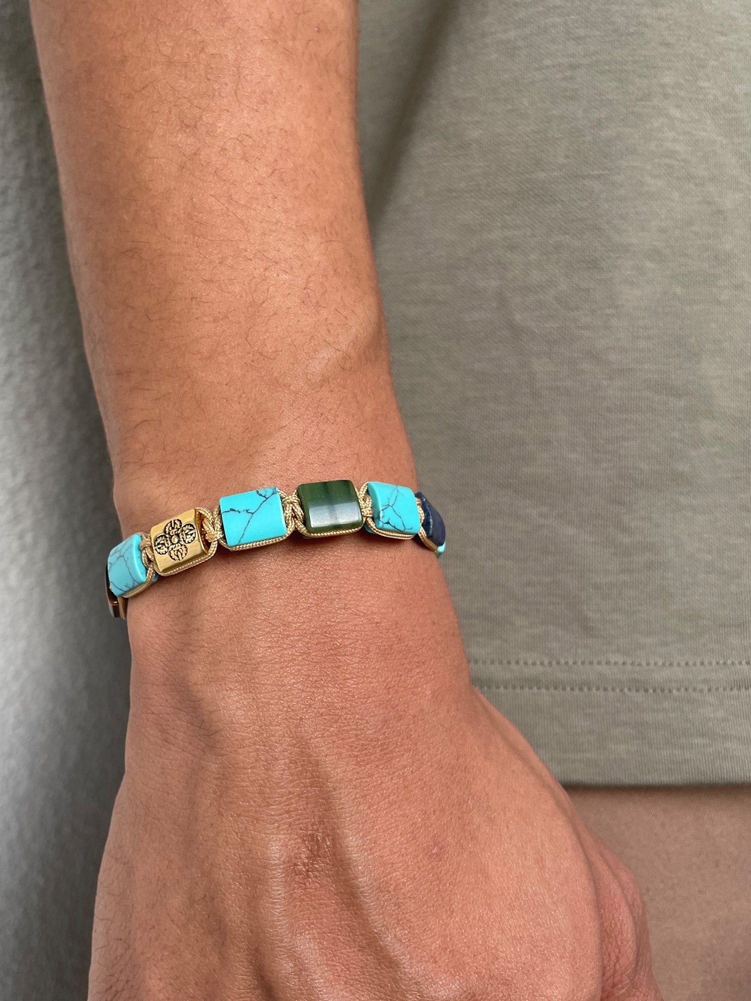 Nialaya Men's Flatbead Bracelet The Dorje Flatbead Collection - Turquoise, Blue Lapis, Red Jade, Brown Tiger Eye and Green Jade