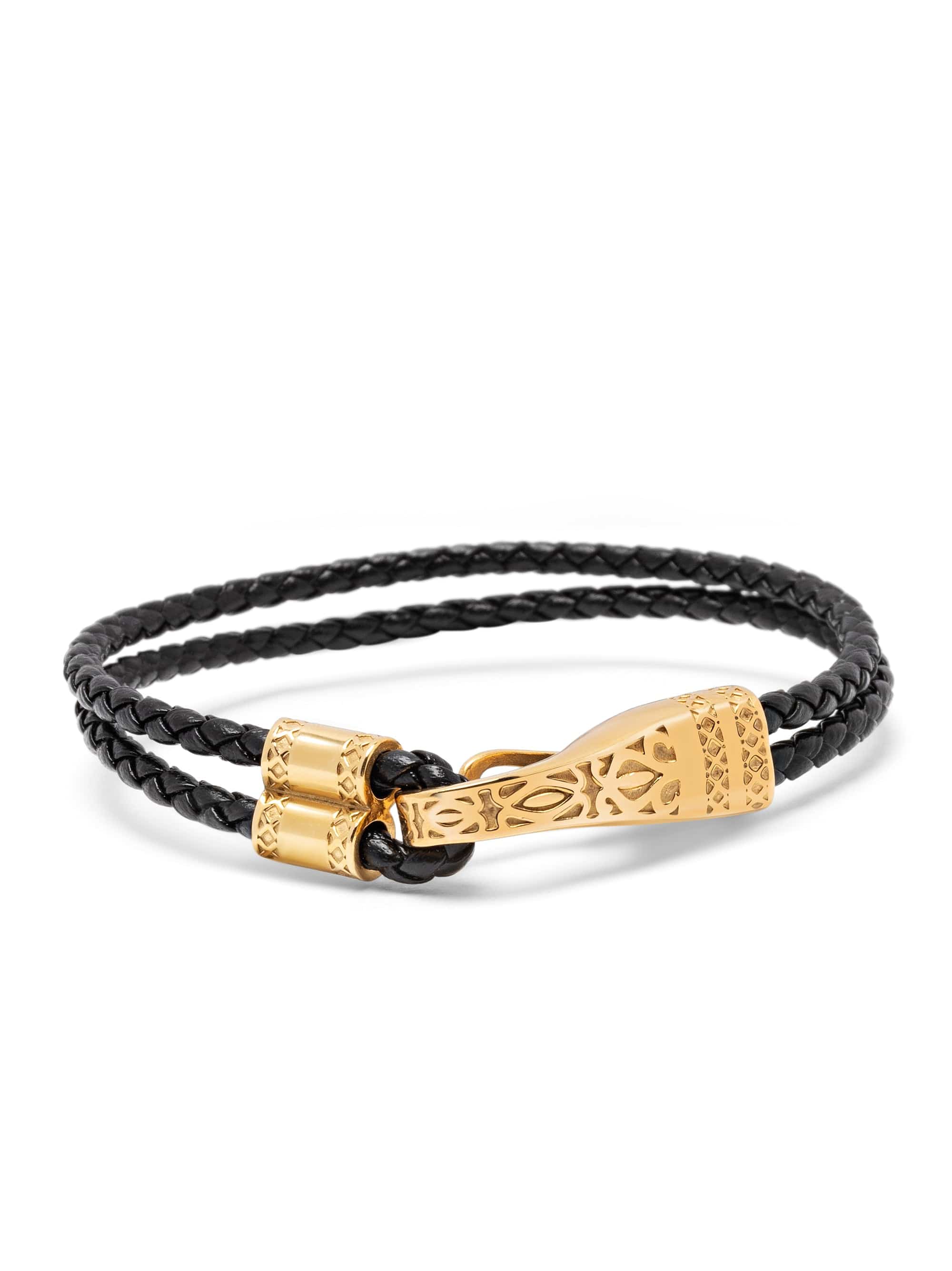 Nialaya Men's Leather Bracelet Black Leather Bracelet with Gold Clasp Lock Black Leather Bracelet with Gold Clasp Lock