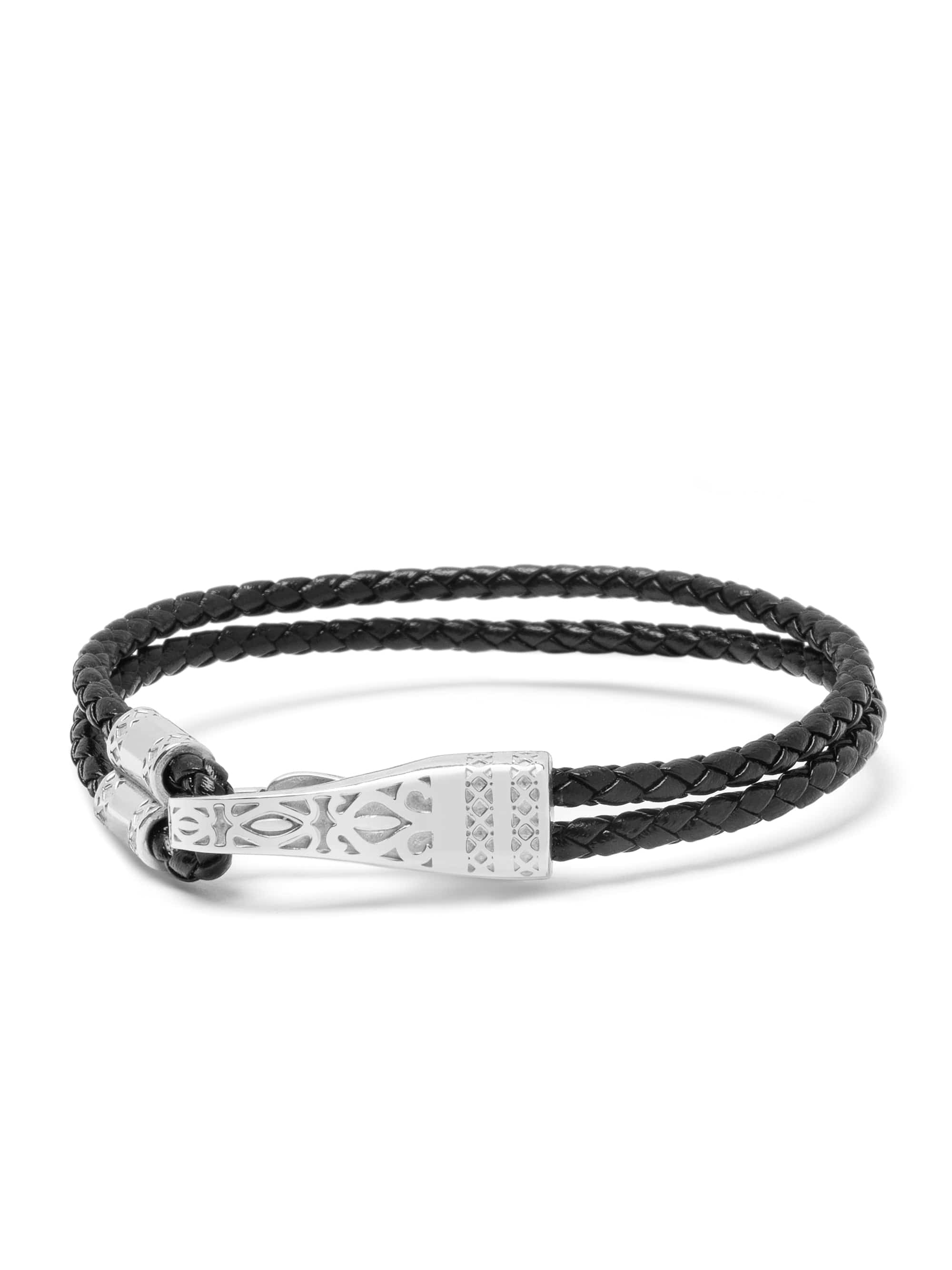 Nialaya Men's Leather Bracelet Black Leather Bracelet with Silver Clasp Lock Black Leather Bracelet with Silver Clasp Lock