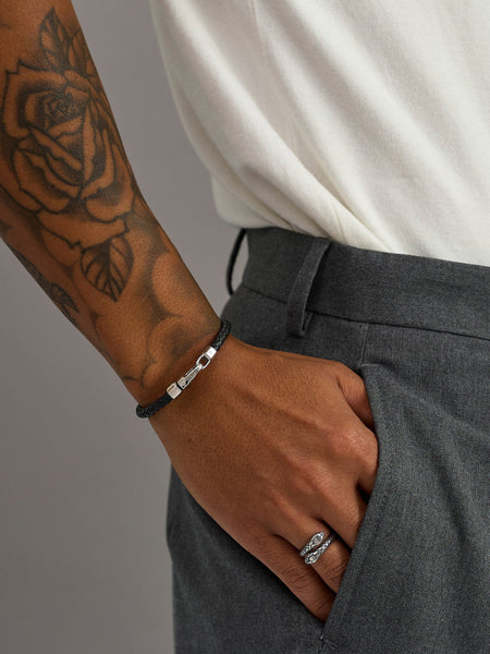 Braided Black Leather Bracelet in Silver – Nialaya