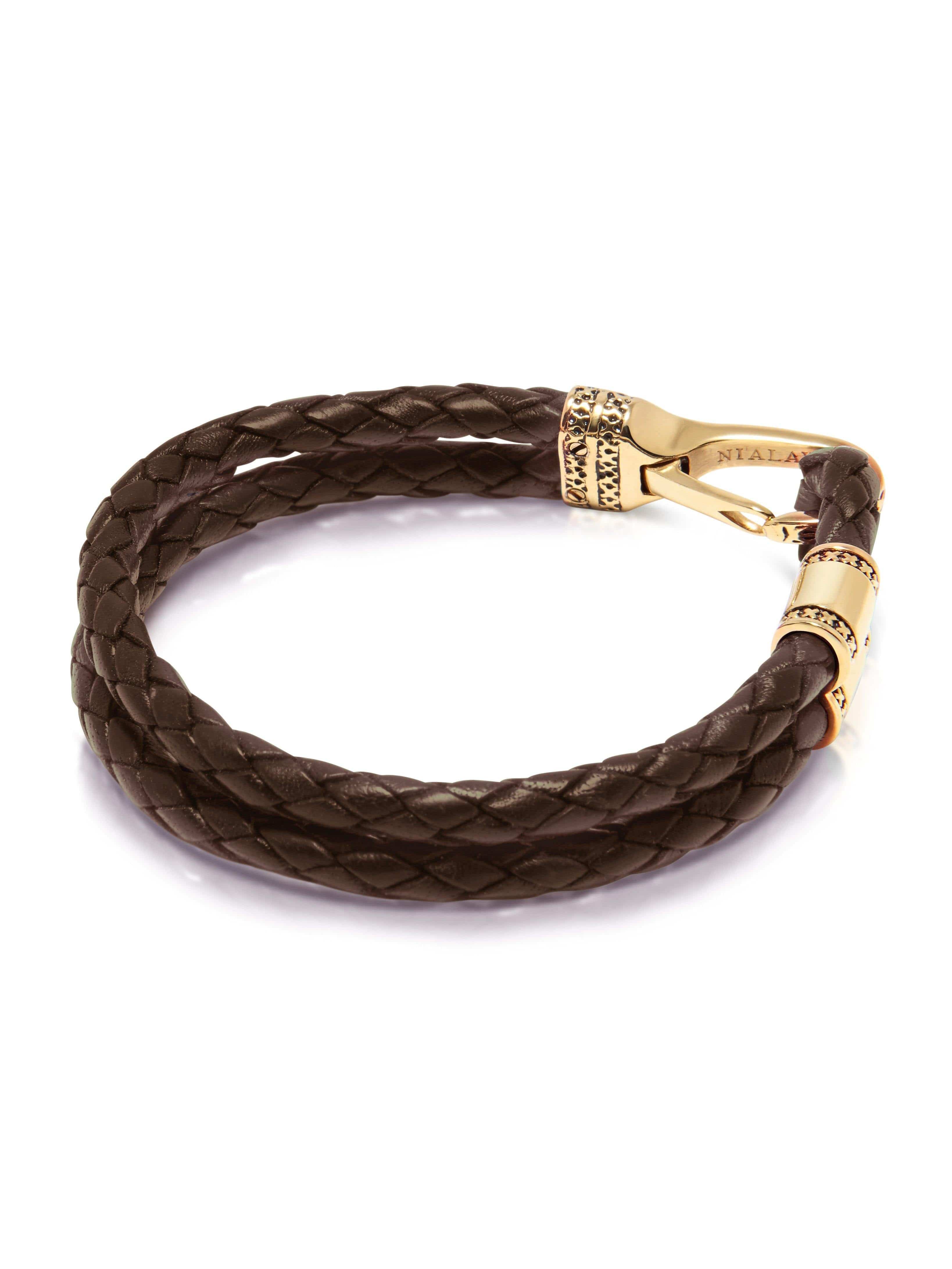 Nialaya Men's Leather Bracelet Brown Leather Bracelet with Gold Bali Clasp Lock