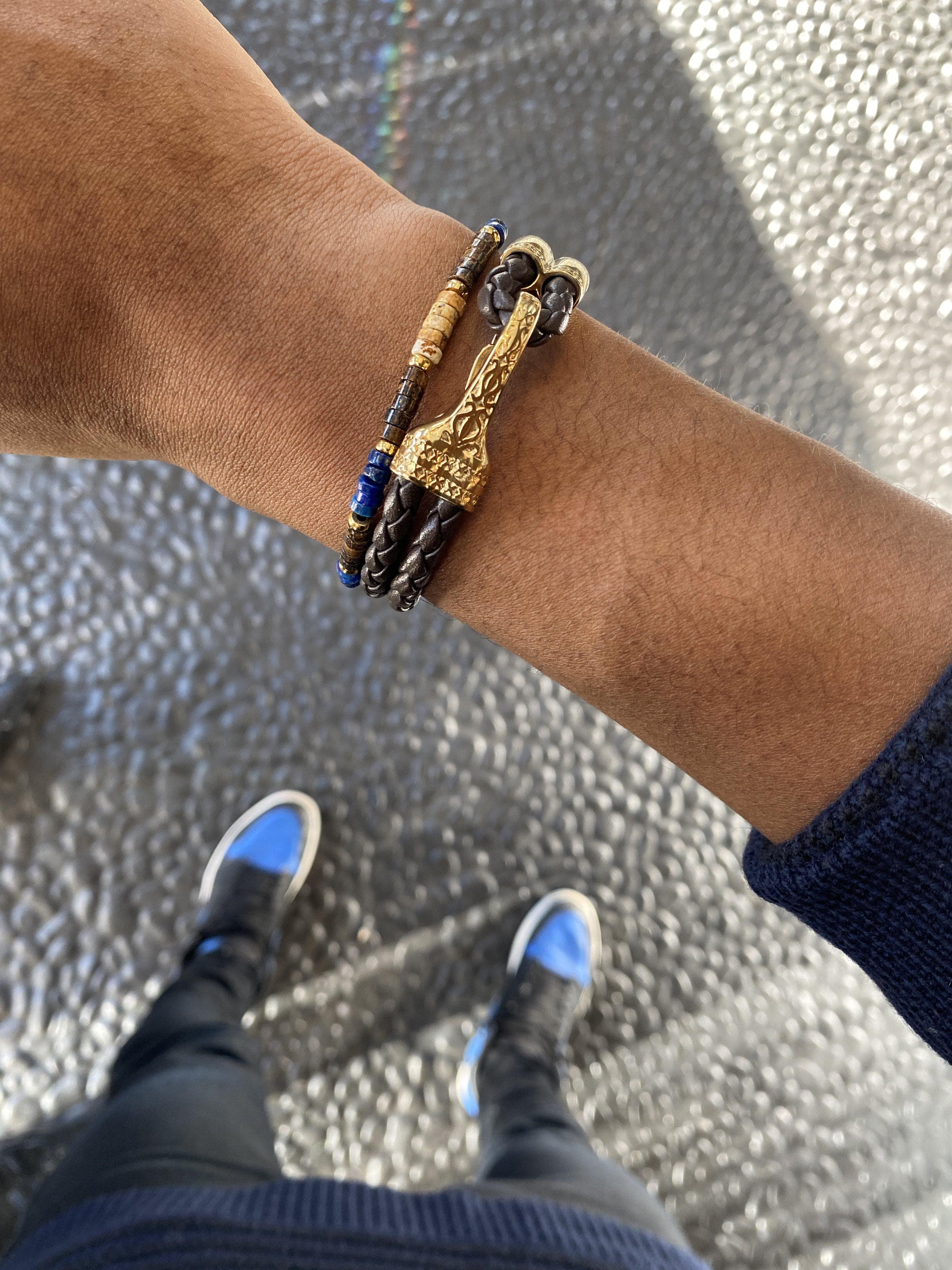 Nialaya Men's Leather Bracelet Brown Leather Bracelet with Gold Bali Clasp Lock