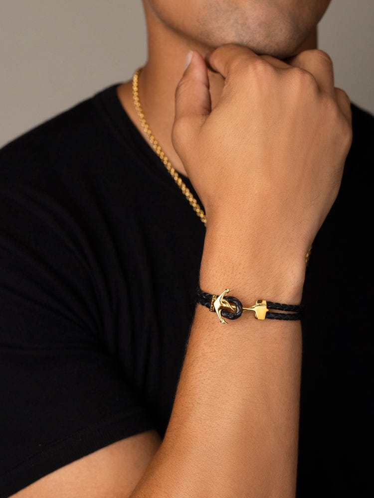 Nialaya Men's Leather Bracelet Men's Black Leather Bracelet with Gold Anchor Men's Gold Anchor Bracelet in Black Leather