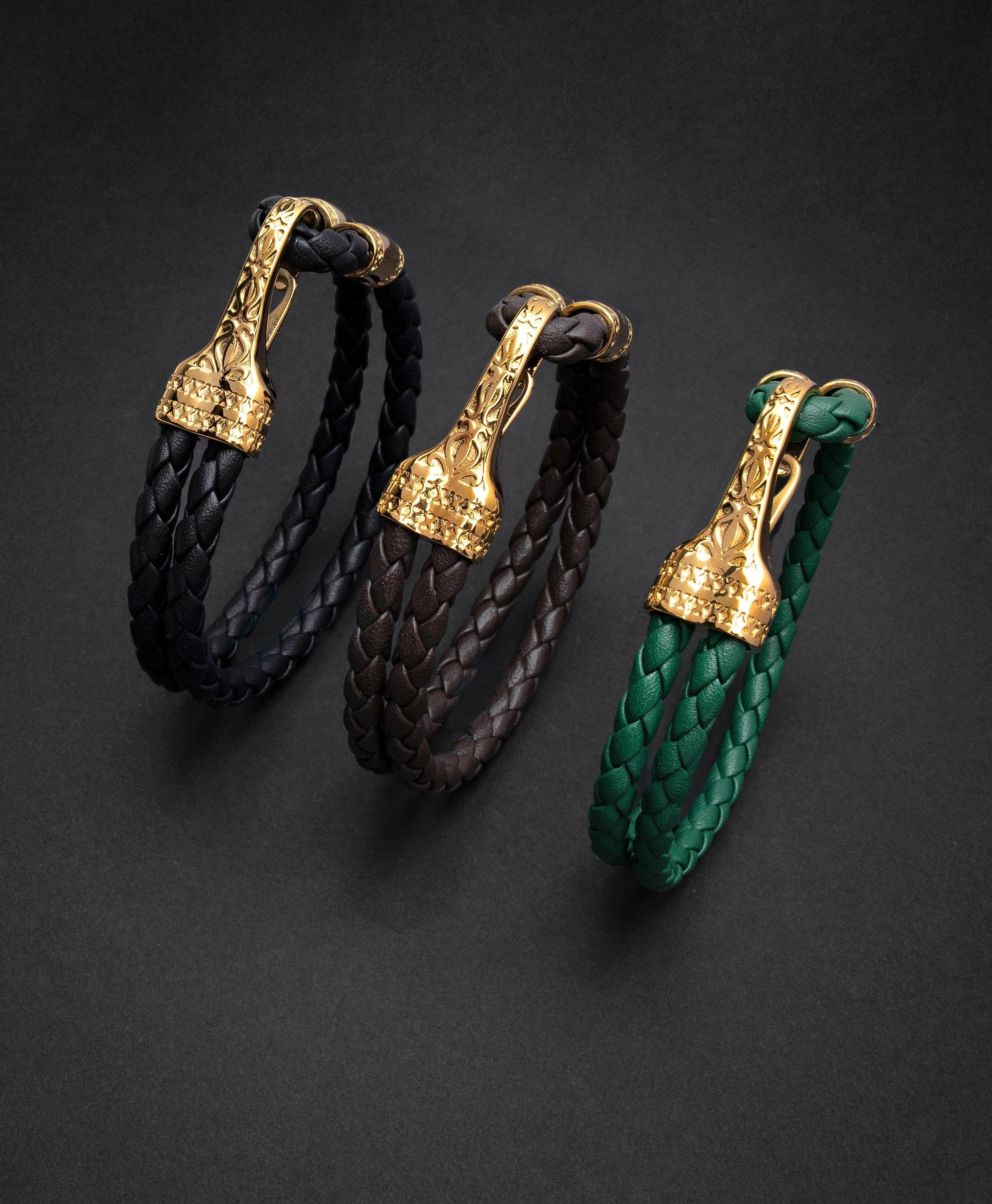 Nialaya Men's Leather Bracelet Men's Black Leather Bracelet with Gold Bali Clasp Lock