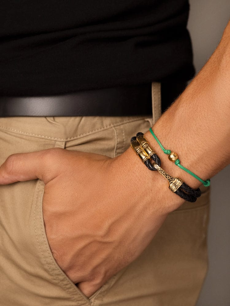 Nialaya Men's Leather Bracelet Men's Black Leather Bracelet with Gold Bali Clasp Lock